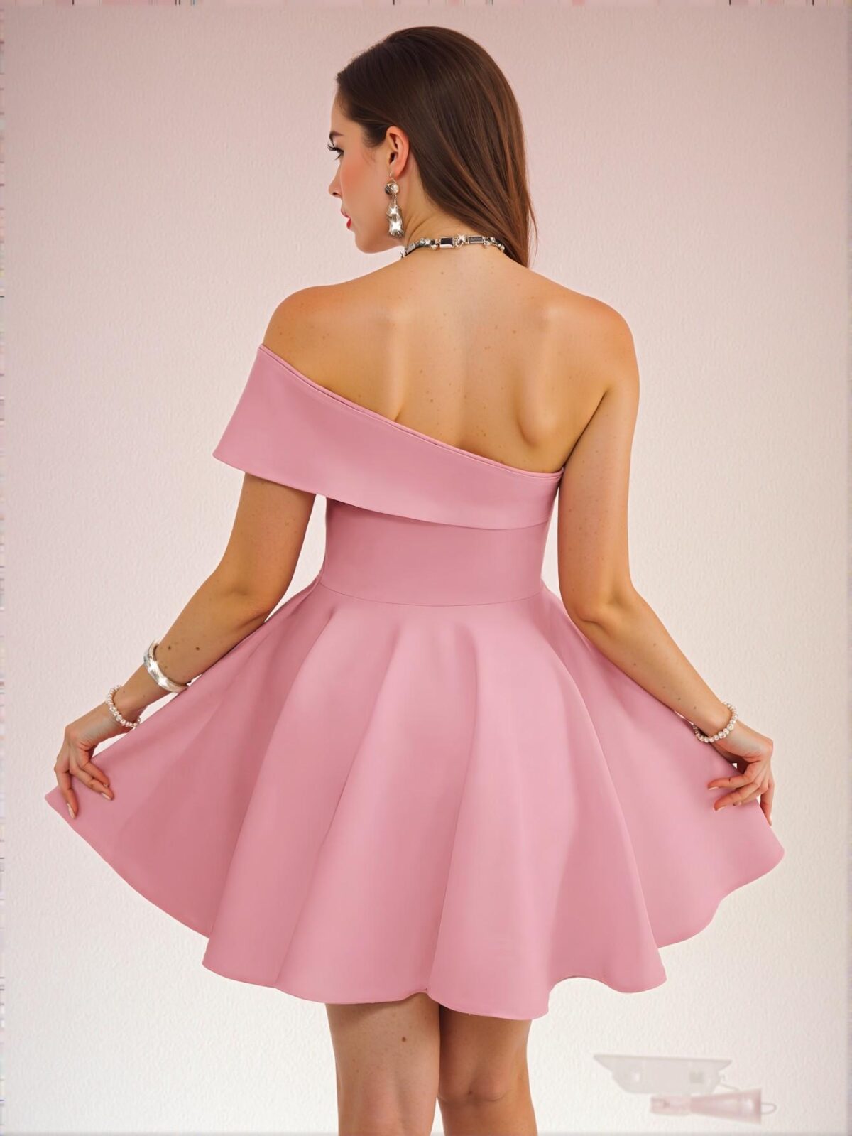Elegant Pink Flared One Shoulder A-Line Mini Dress for the Spring and Summer Wedding Season, Music Festival, Party, Casual, Club Events — Chic, Classy and Trendy Fashion Style to Dress to Impress - Image 2