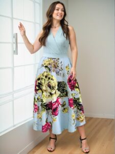 Elegant Baby Blue Floral Print Crossover V-Neck Sleeveless Vacation Dress - Chic, Classy and Trendy Fashion Style to Dress to Impress