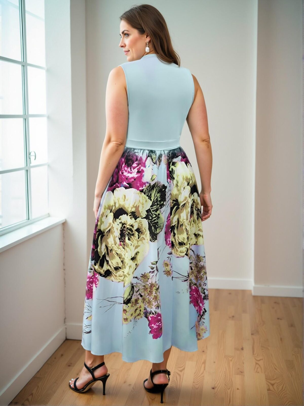 Elegant Baby Blue Floral Print Crossover V-Neck Sleeveless Vacation Dress - Chic, Classy and Trendy Fashion Style to Dress to Impress - Image 2