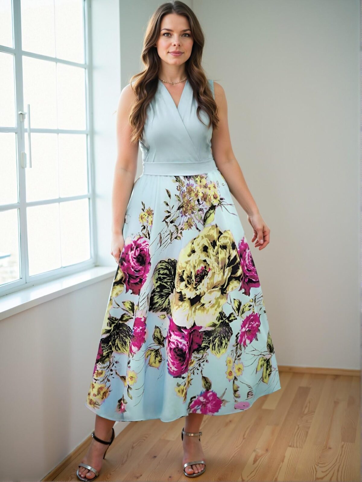 Elegant Baby Blue Floral Print Crossover V-Neck Sleeveless Vacation Dress - Chic, Classy and Trendy Fashion Style to Dress to Impress - Image 3