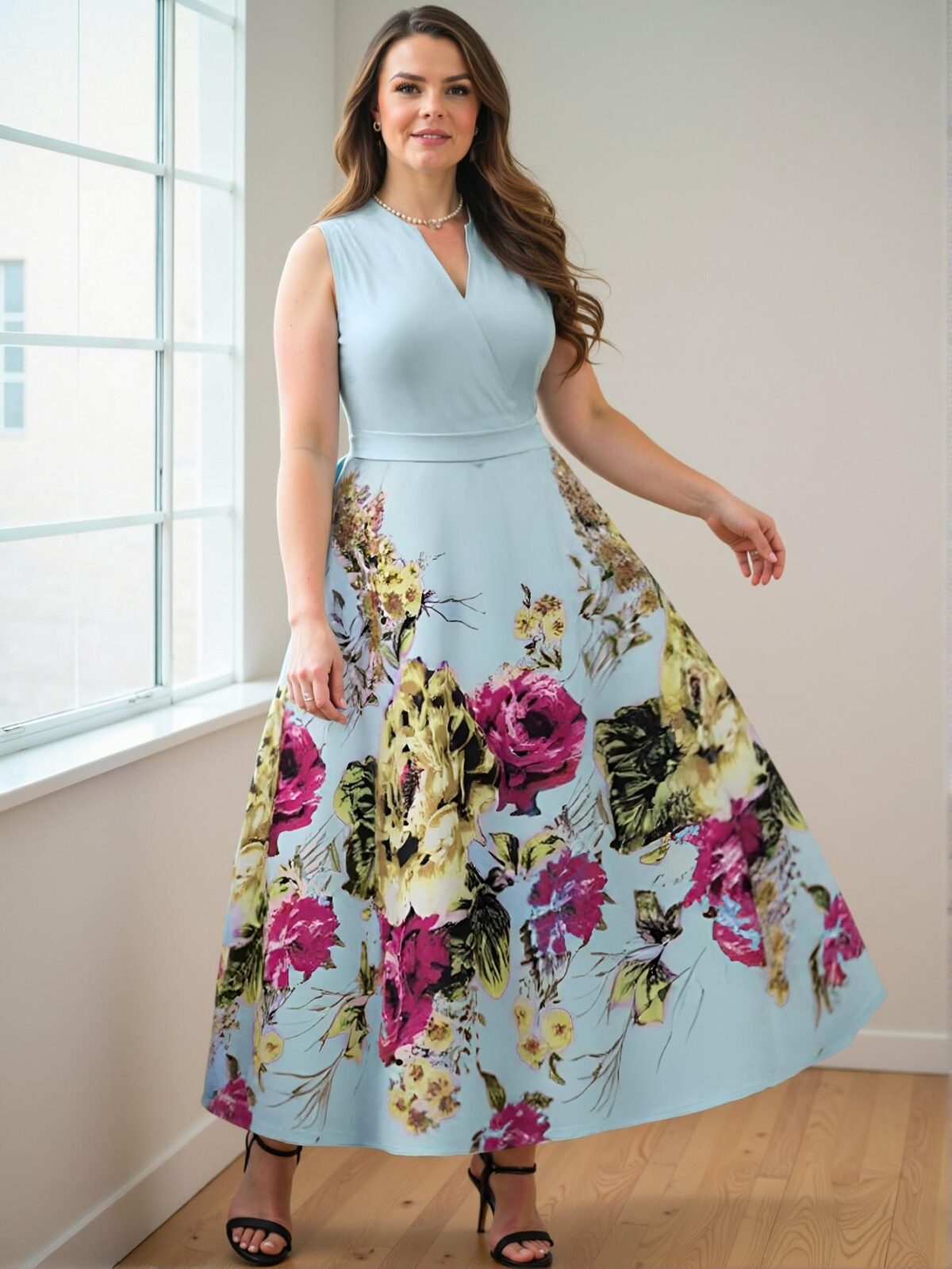 Elegant Baby Blue Floral Print Crossover V-Neck Sleeveless Vacation Dress - Chic, Classy and Trendy Fashion Style to Dress to Impress - Image 4