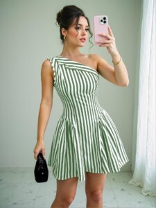 Elegant Green Stylish Striped Sleeveless Short Jumpsuit for Spring and Summer Chic, Classy and Trendy Fashion Style to Dress to Impress