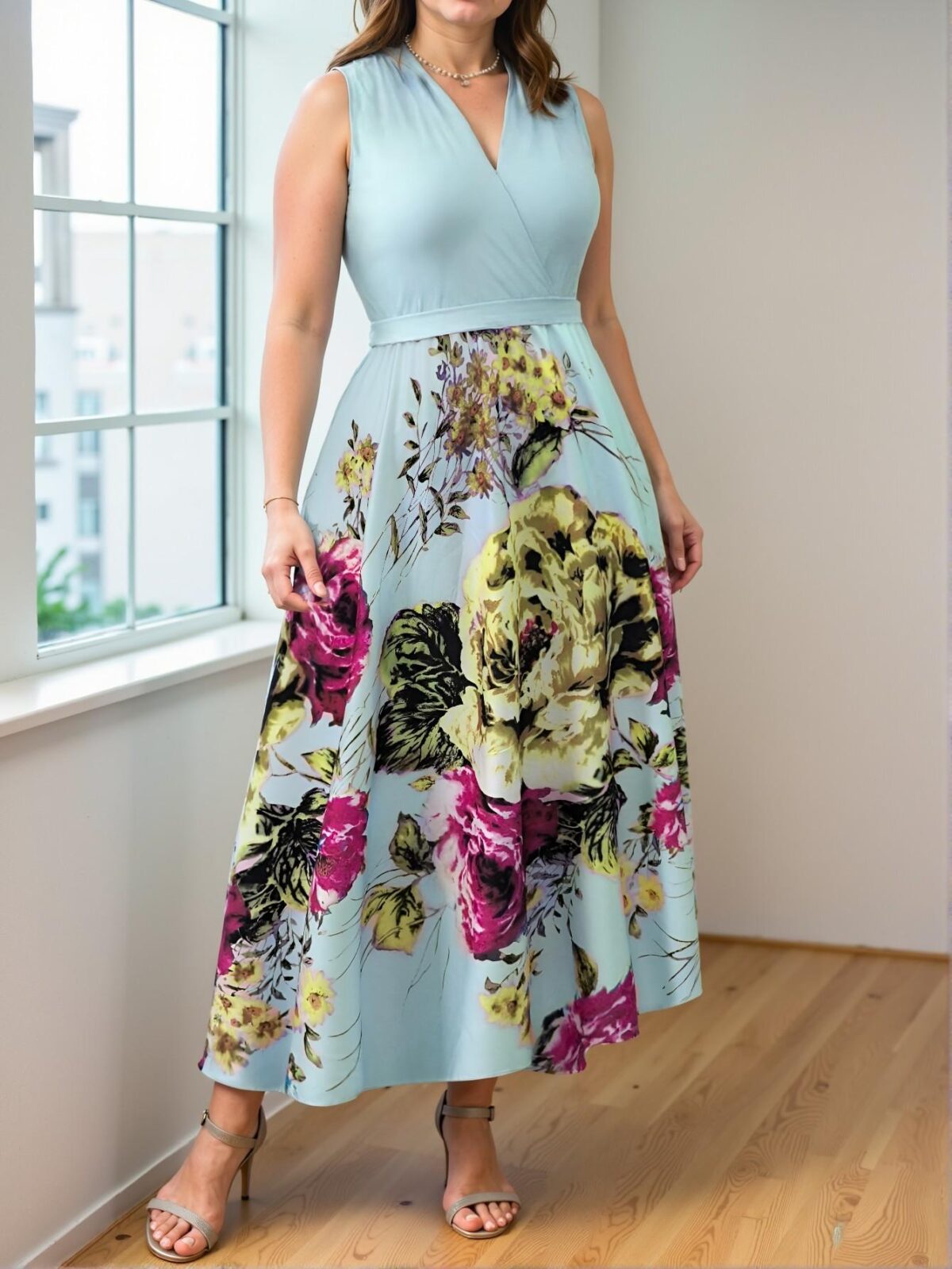 Elegant Baby Blue Floral Print Crossover V-Neck Sleeveless Vacation Dress - Chic, Classy and Trendy Fashion Style to Dress to Impress - Image 5