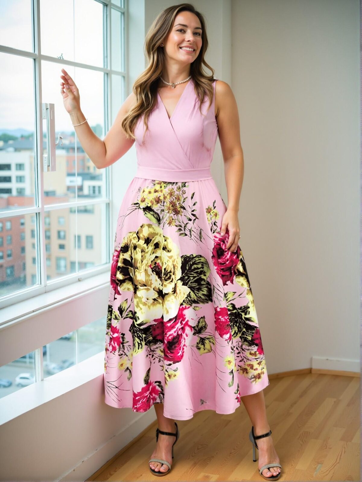Elegant Baby Pink Flared Floral Print V-Neck Wrap Dress with Sleeveless Design for a Chic, Classy and Trendy Fashion Style to Dress to Impress