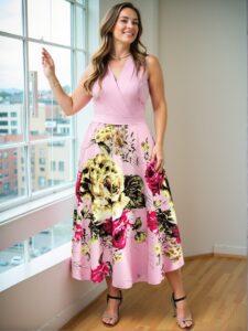 Elegant Baby Pink Flared Floral Print V-Neck Wrap Dress with Sleeveless Design for a Chic, Classy and Trendy Fashion Style to Dress to Impress
