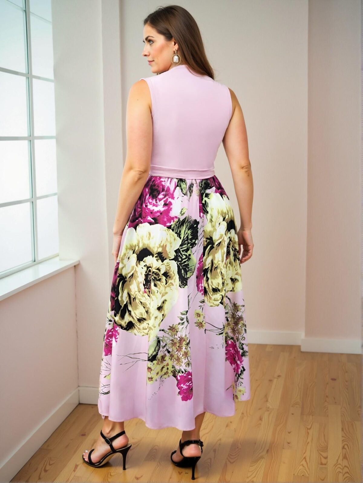 Elegant Baby Pink Flared Floral Print V-Neck Wrap Dress with Sleeveless Design for a Chic, Classy and Trendy Fashion Style to Dress to Impress - Image 2
