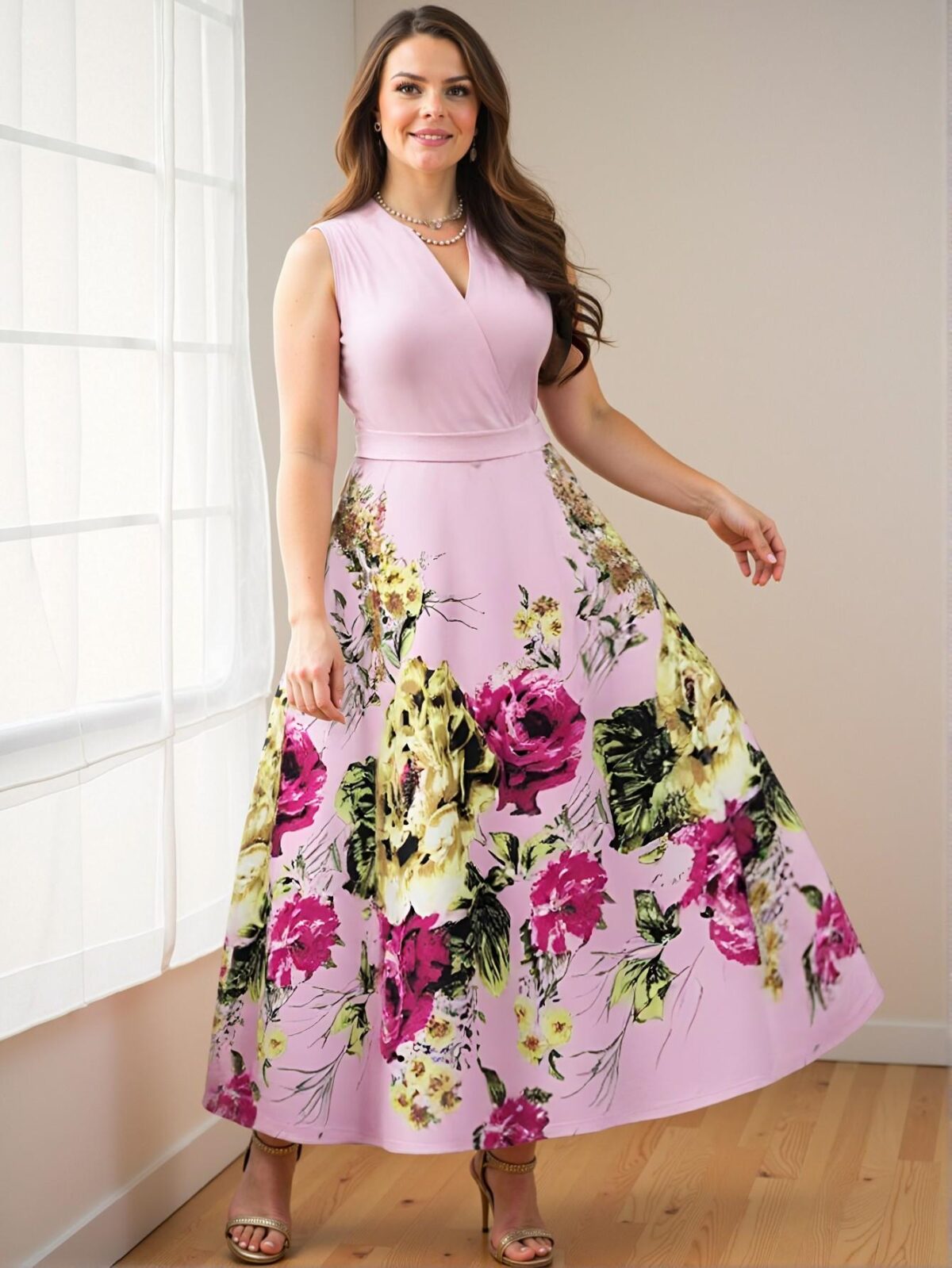 Elegant Baby Pink Flared Floral Print V-Neck Wrap Dress with Sleeveless Design for a Chic, Classy and Trendy Fashion Style to Dress to Impress - Image 3