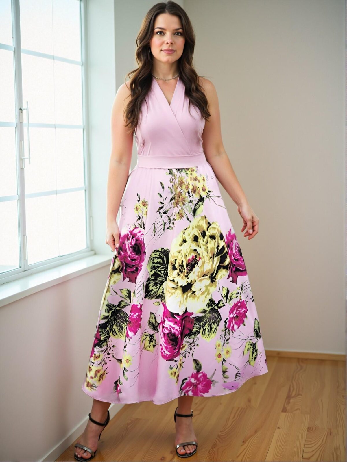 Elegant Baby Pink Flared Floral Print V-Neck Wrap Dress with Sleeveless Design for a Chic, Classy and Trendy Fashion Style to Dress to Impress - Image 4