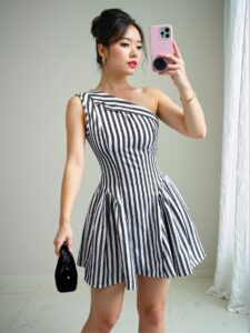 Elegant Black and White Striped Asymmetrical Sleeveless Mini Dress Perfect for Spring and Summer - Chic, Classy and Trendy Fashion Style to Dress to Impress