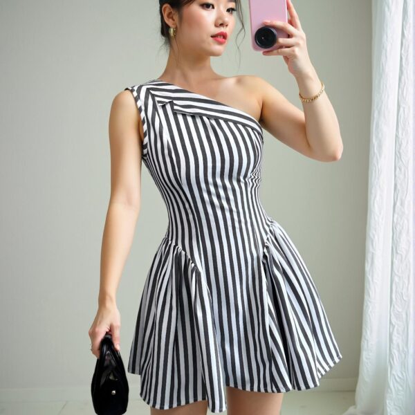 Elegant Black and White Striped Asymmetrical Sleeveless Mini Dress Perfect for Spring and Summer - Chic, Classy and Trendy Fashion Style to Dress to Impress