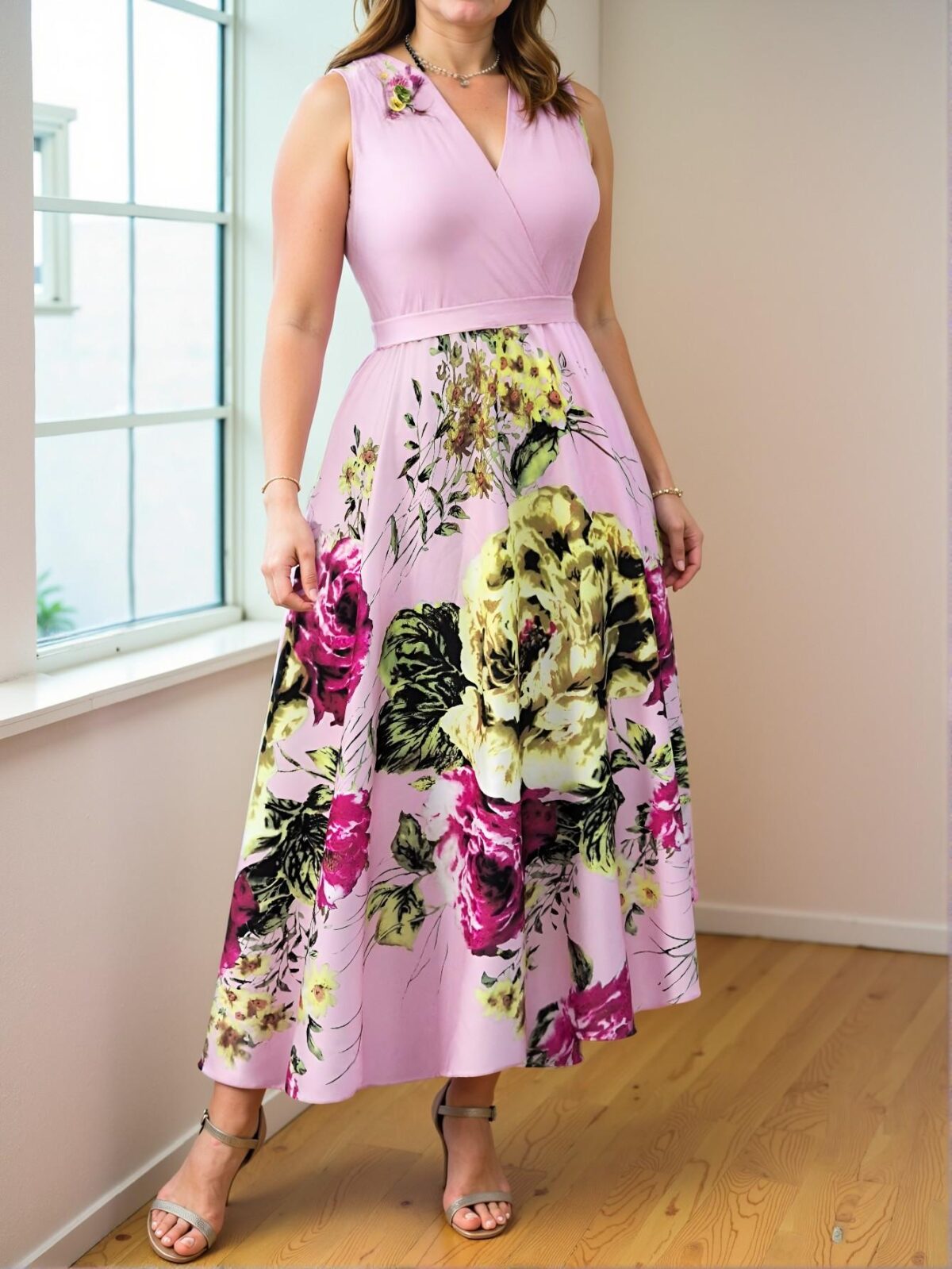 Elegant Baby Pink Flared Floral Print V-Neck Wrap Dress with Sleeveless Design for a Chic, Classy and Trendy Fashion Style to Dress to Impress - Image 5
