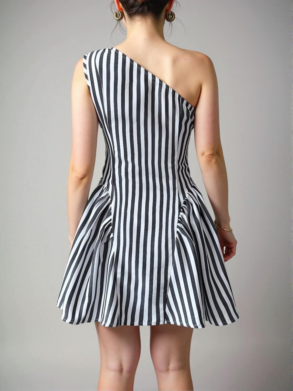 Elegant Black and White Striped Asymmetrical Sleeveless Mini Dress Perfect for Spring and Summer - Chic, Classy and Trendy Fashion Style to Dress to Impress - Image 2