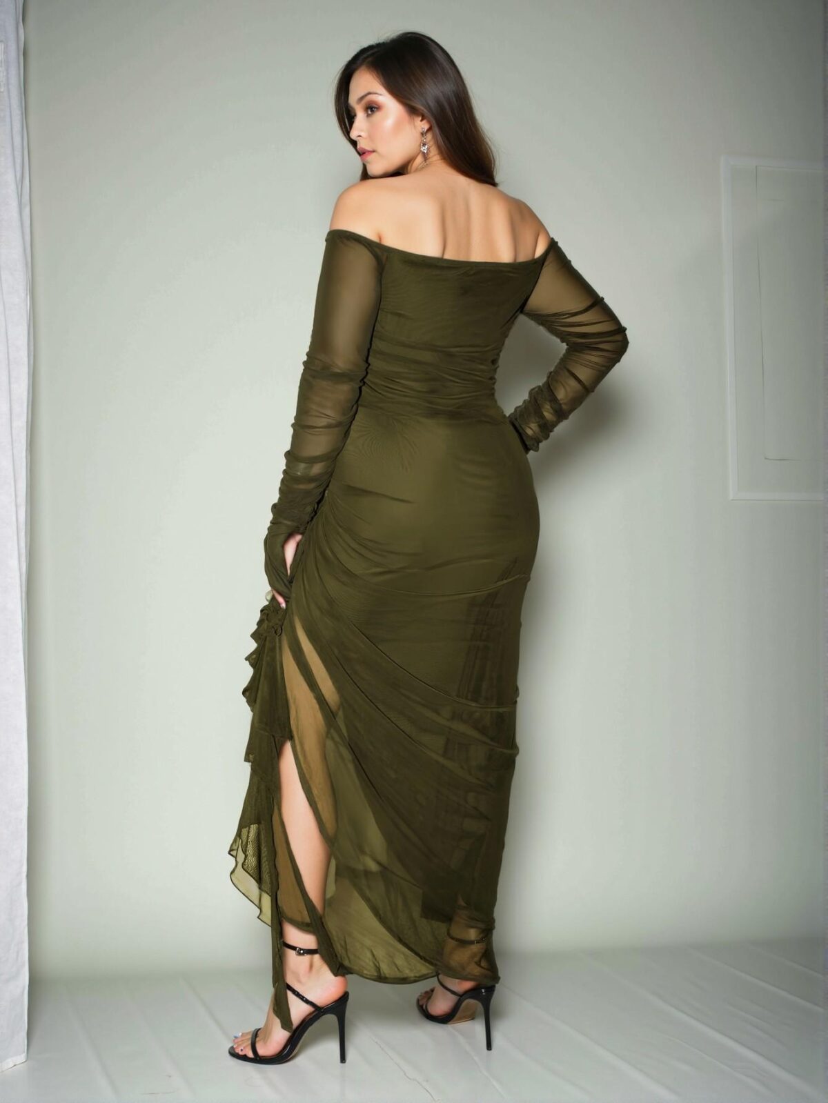 Elegant Army Green Off Shoulder Ruched Flounce Maxi Bodycon Dress for Romantic Party Chic, Classy and Trendy Fashion Style to Dress to Impress - Image 2
