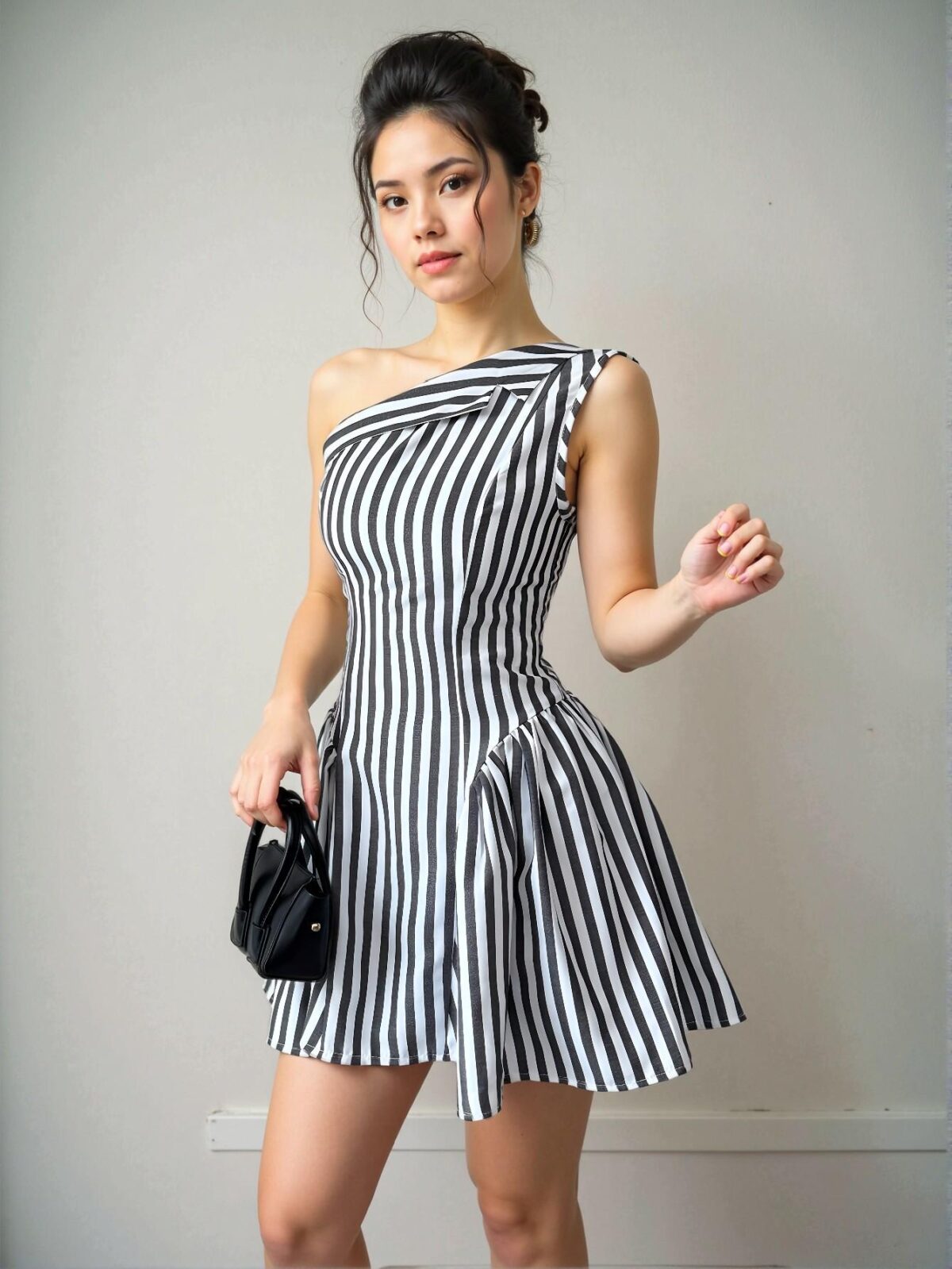 Elegant Black and White Striped Asymmetrical Sleeveless Mini Dress Perfect for Spring and Summer - Chic, Classy and Trendy Fashion Style to Dress to Impress - Image 3