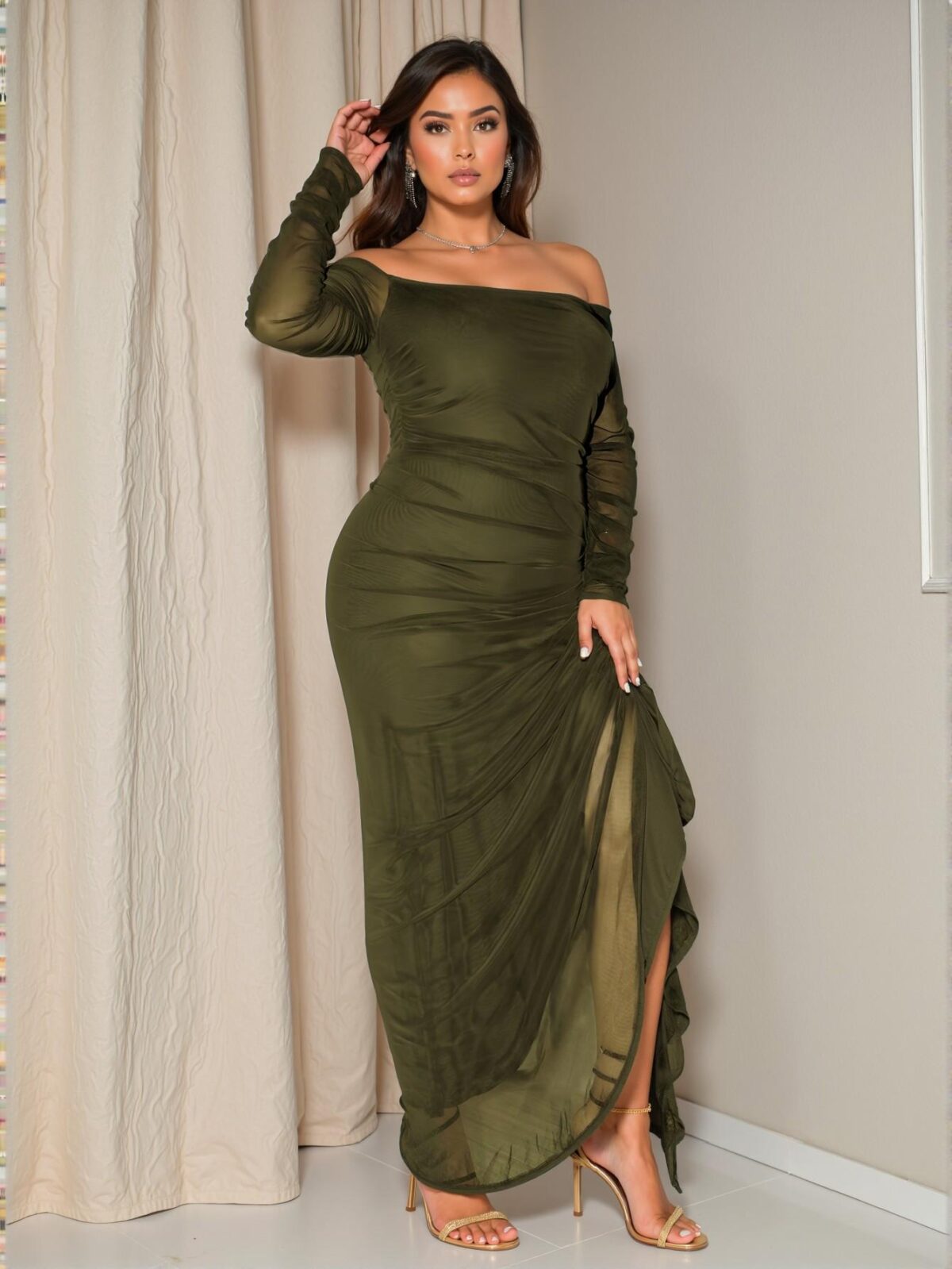Elegant Army Green Off Shoulder Ruched Flounce Maxi Bodycon Dress for Romantic Party Chic, Classy and Trendy Fashion Style to Dress to Impress - Image 5
