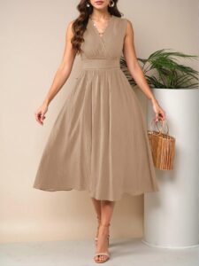 Elegant Khaki Flared A-Line Midi Dress with Ruched and Shirred Details for Women — Chic, Classy and Trendy Fashion Style to Dress to Impress