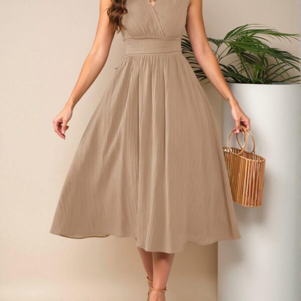 Elegant Khaki Flared A-Line Midi Dress with Ruched and Shirred Details for Women — Chic, Classy and Trendy Fashion Style to Dress to Impress