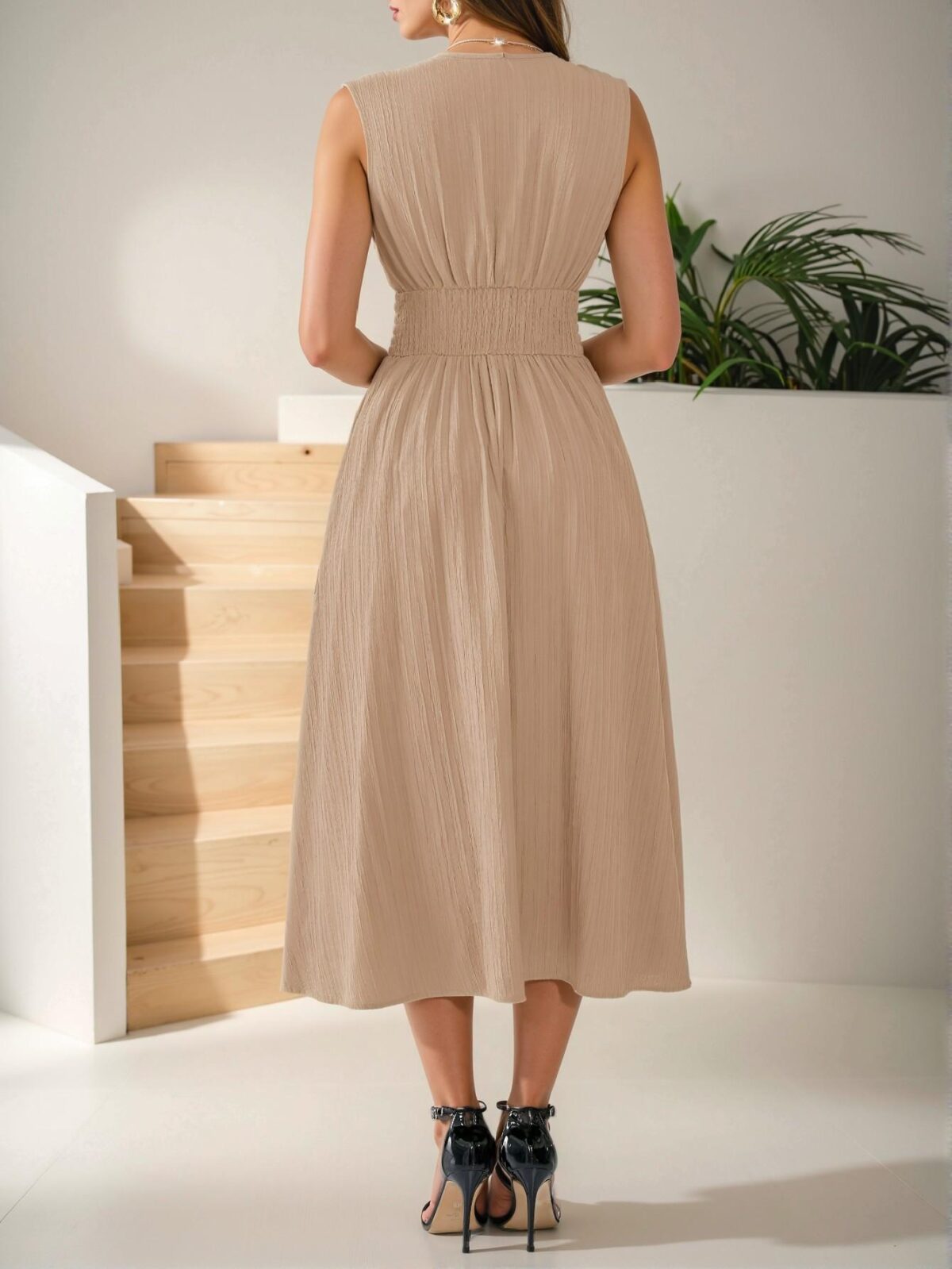 Elegant Khaki Flared A-Line Midi Dress with Ruched and Shirred Details for Women — Chic, Classy and Trendy Fashion Style to Dress to Impress - Image 2
