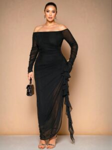 Elegant Black Off Shoulder Ruffled Maxi Bodycon Dress for Parties Chic, Classy and Trendy Fashion Style to Dress to Impress