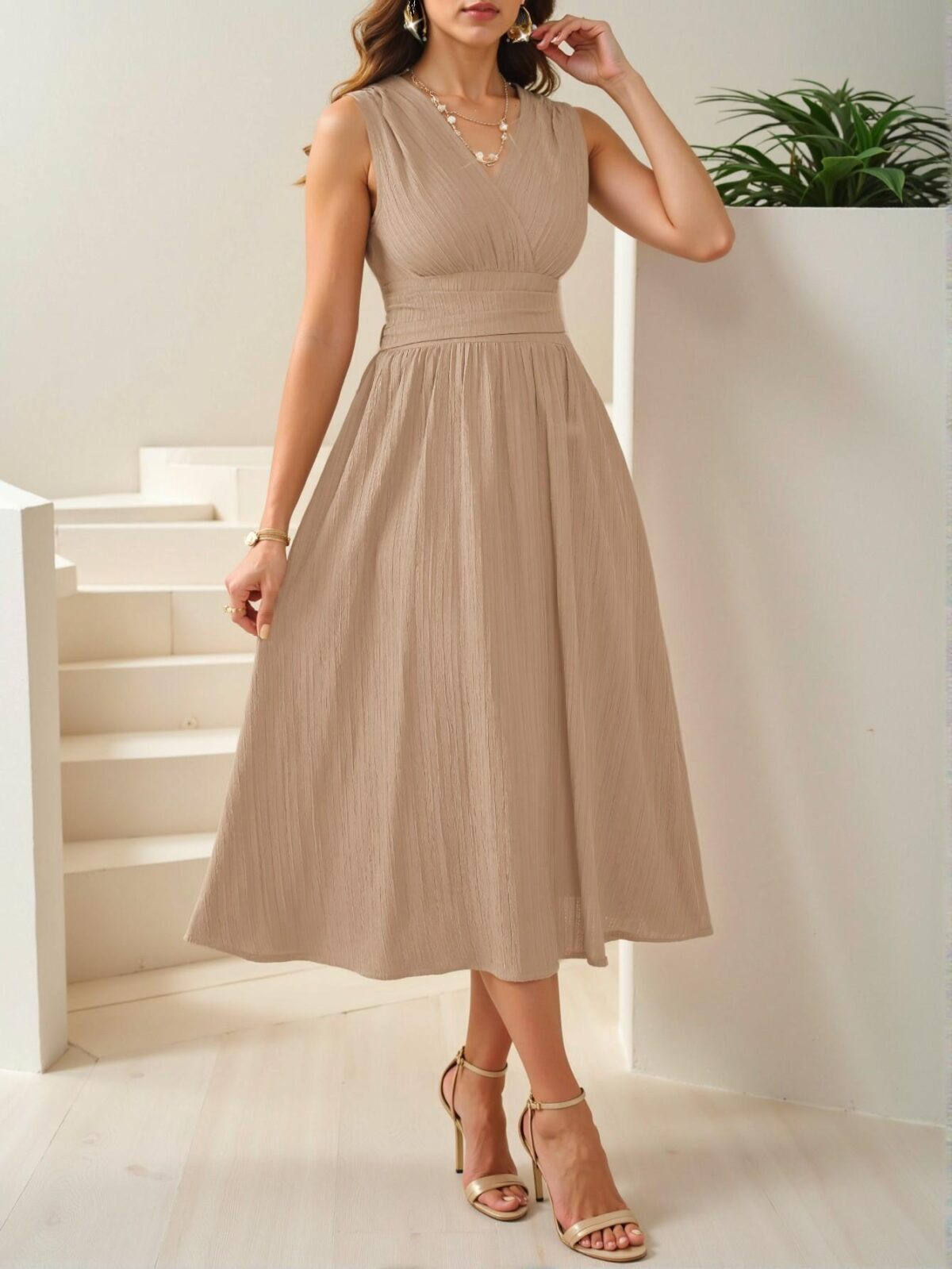 Elegant Khaki Flared A-Line Midi Dress with Ruched and Shirred Details for Women — Chic, Classy and Trendy Fashion Style to Dress to Impress - Image 4