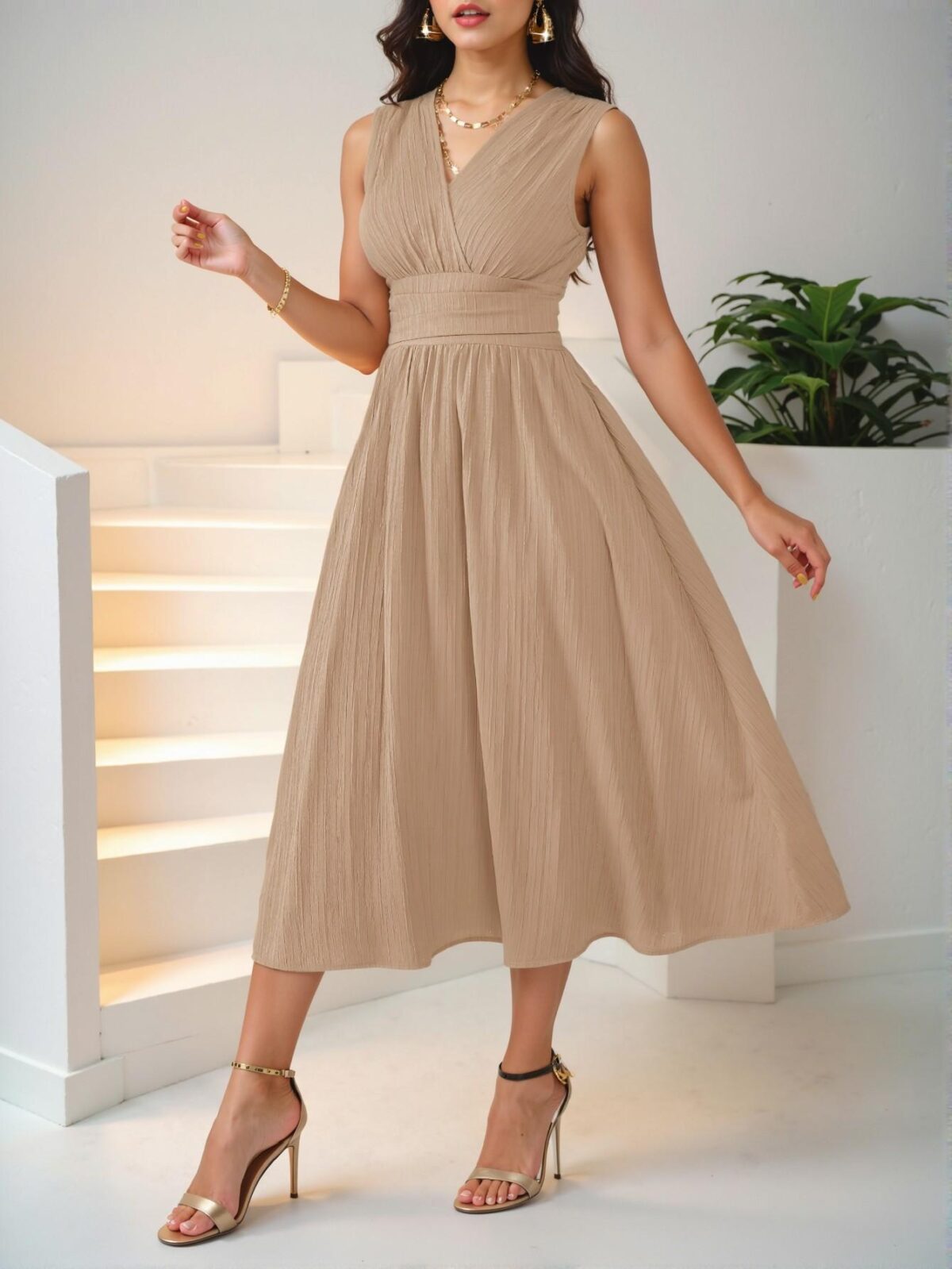 Elegant Khaki Flared A-Line Midi Dress with Ruched and Shirred Details for Women — Chic, Classy and Trendy Fashion Style to Dress to Impress - Image 5
