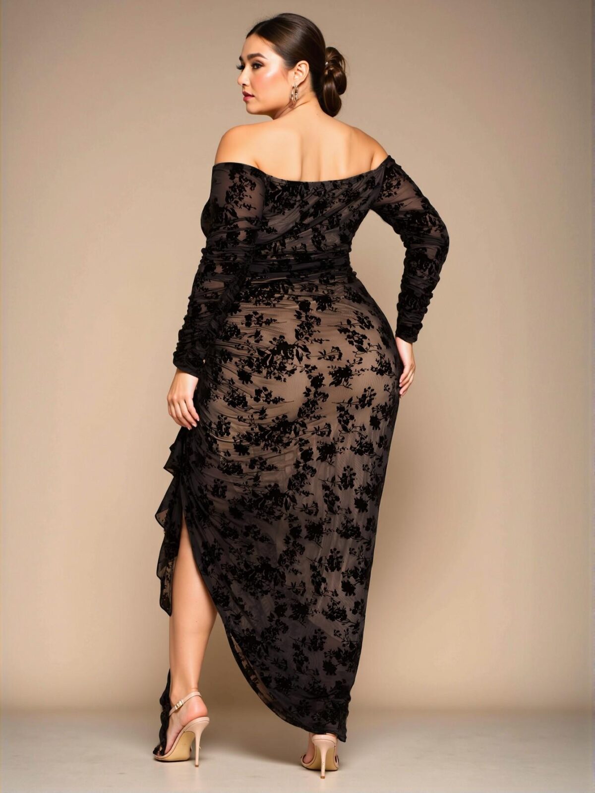 Elegant Black Off-Shoulder Ruched Floral Maxi Bodycon Dress with Ruffled Hem – Chic, Classy, and Trendy Fashion Style to Dress to Impress - Image 2
