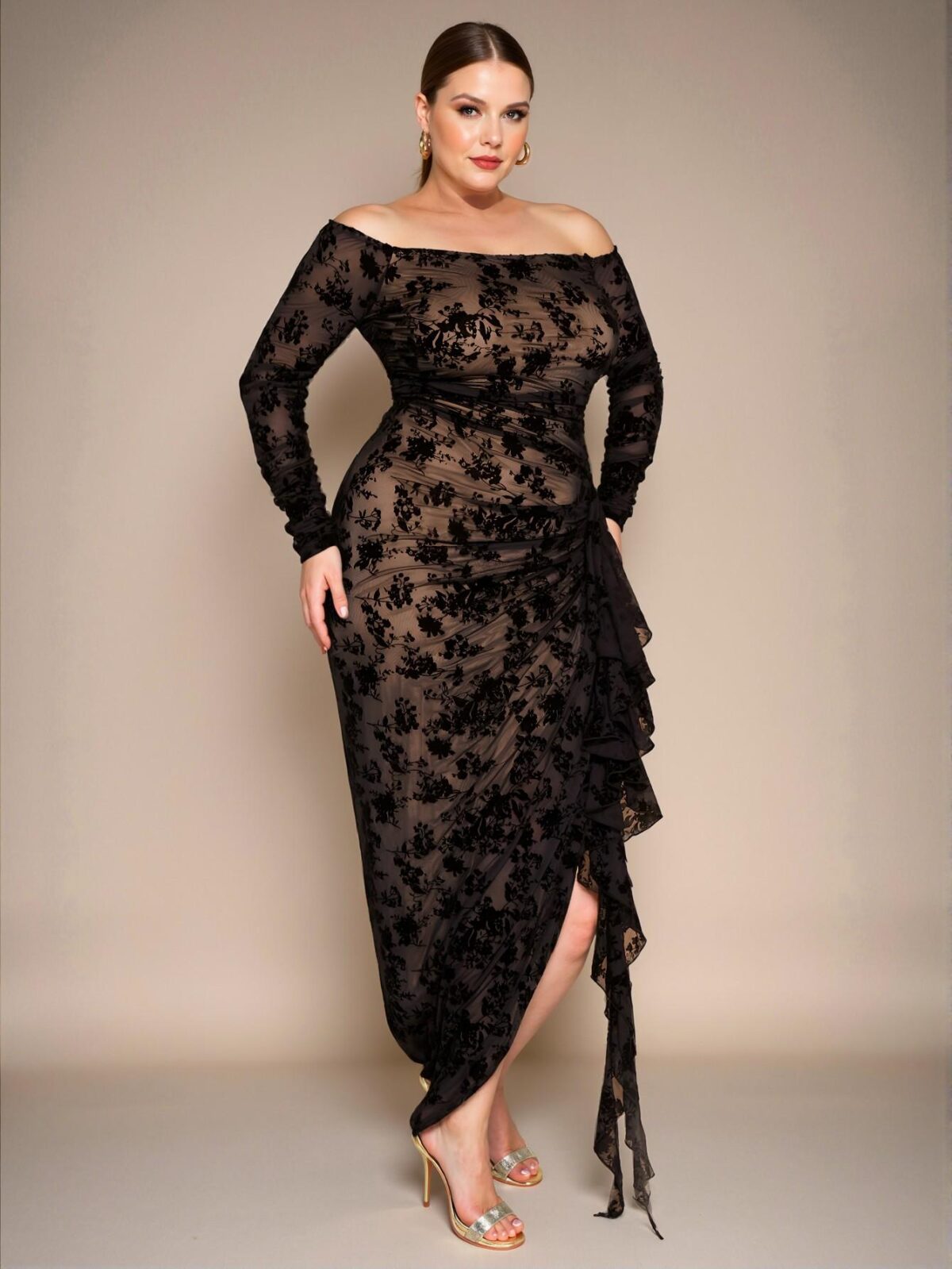 Elegant Black Off-Shoulder Ruched Floral Maxi Bodycon Dress with Ruffled Hem – Chic, Classy, and Trendy Fashion Style to Dress to Impress - Image 4