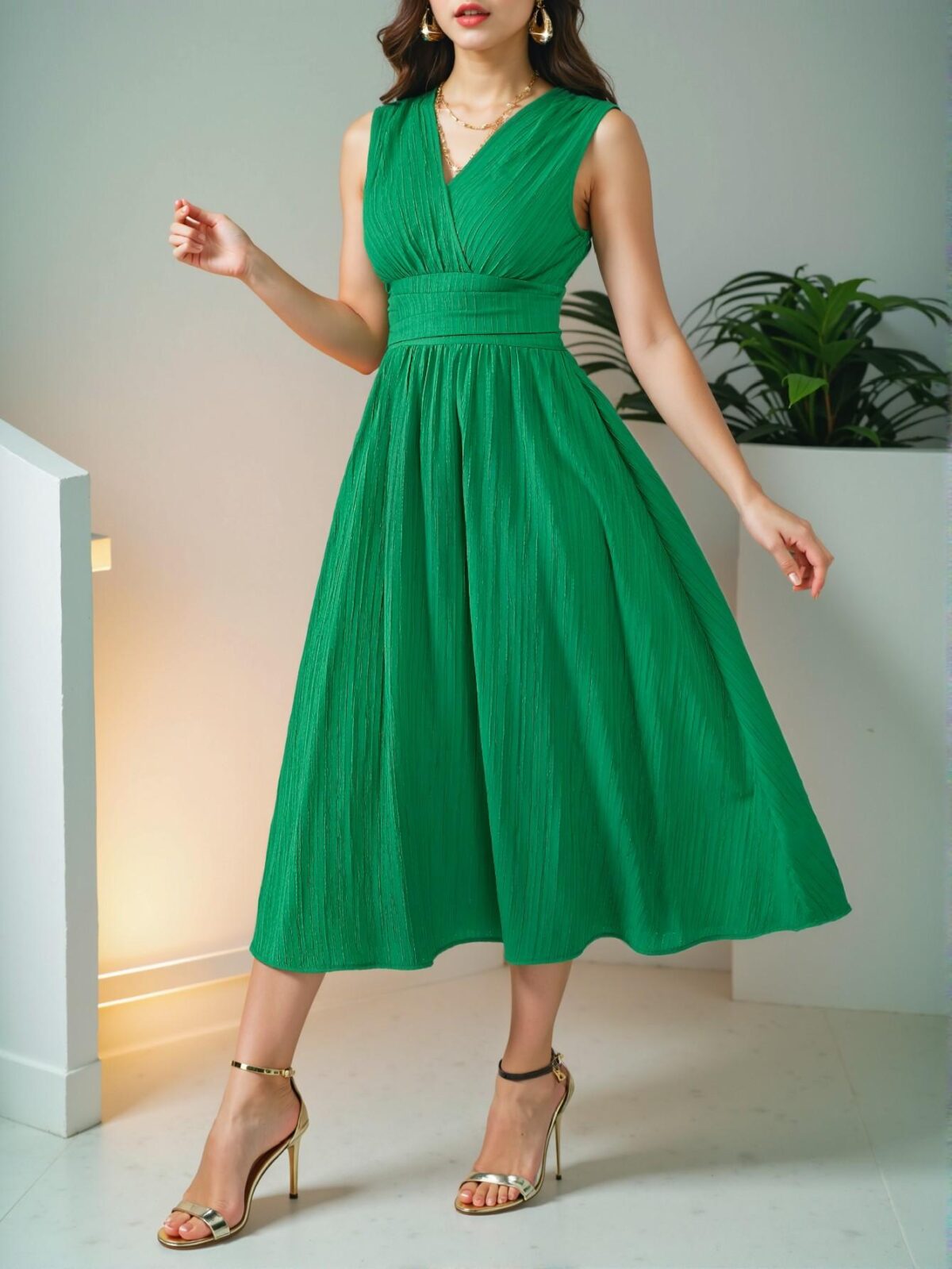 Elegant Green Midi Sleeveless Dress for Women with Woven Textured Fabric - Chic, Classy and Trendy Fashion Style to Dress to Impress - Image 5