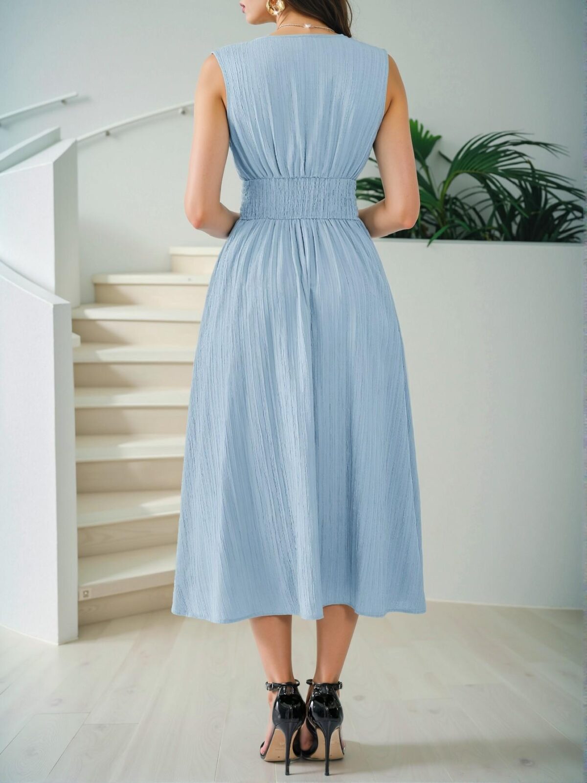 Elegant Blue Flared A-Line Midi Summer Dress with Ruched and Wrap Details for Effortless Style - Chic, Classy, and Trendy Fashion to Dress to Impress - Image 2