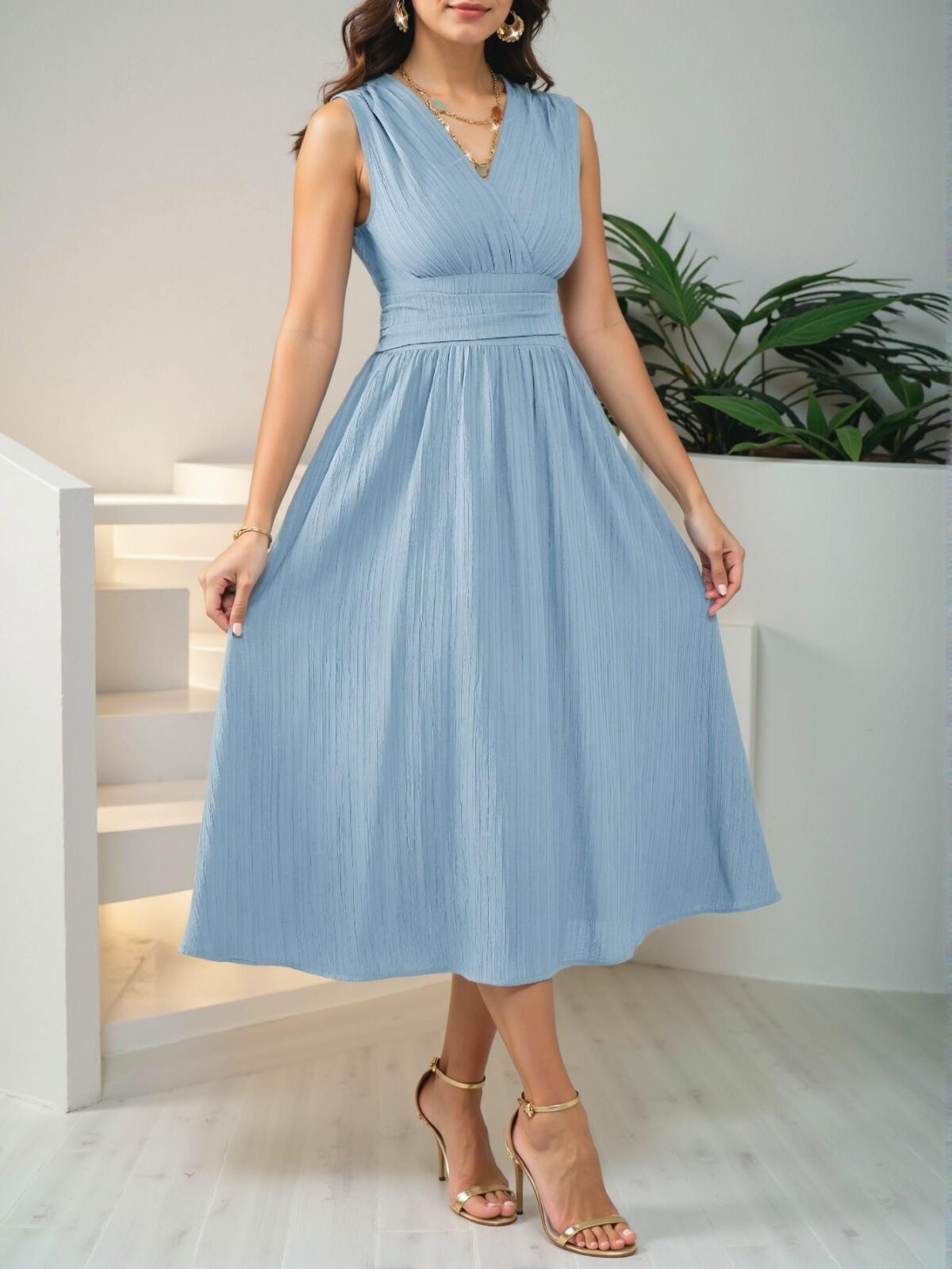 Elegant Blue Flared A-Line Midi Summer Dress with Ruched and Wrap Details for Effortless Style - Chic, Classy, and Trendy Fashion to Dress to Impress - Image 3