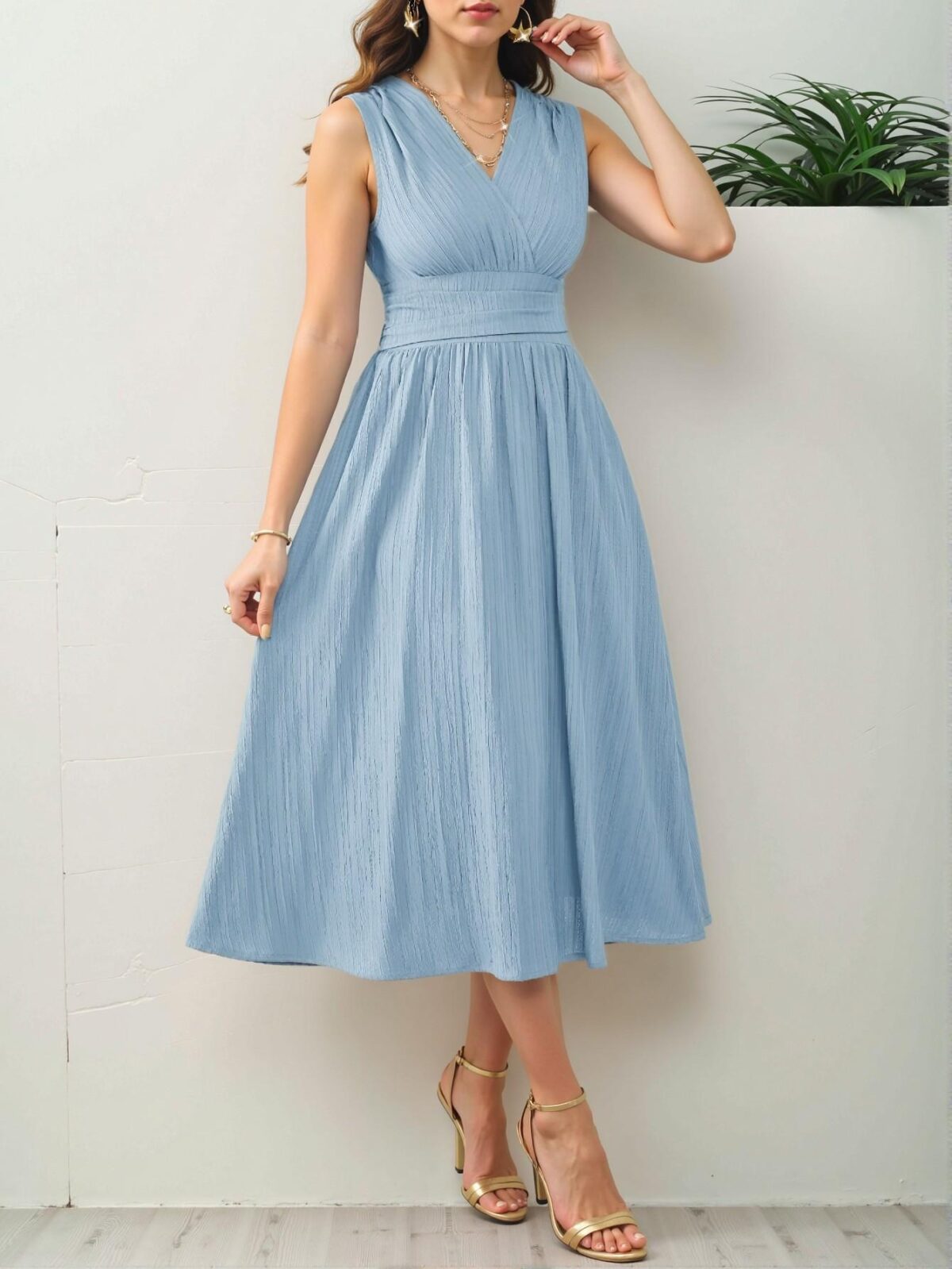 Elegant Blue Flared A-Line Midi Summer Dress with Ruched and Wrap Details for Effortless Style - Chic, Classy, and Trendy Fashion to Dress to Impress - Image 4