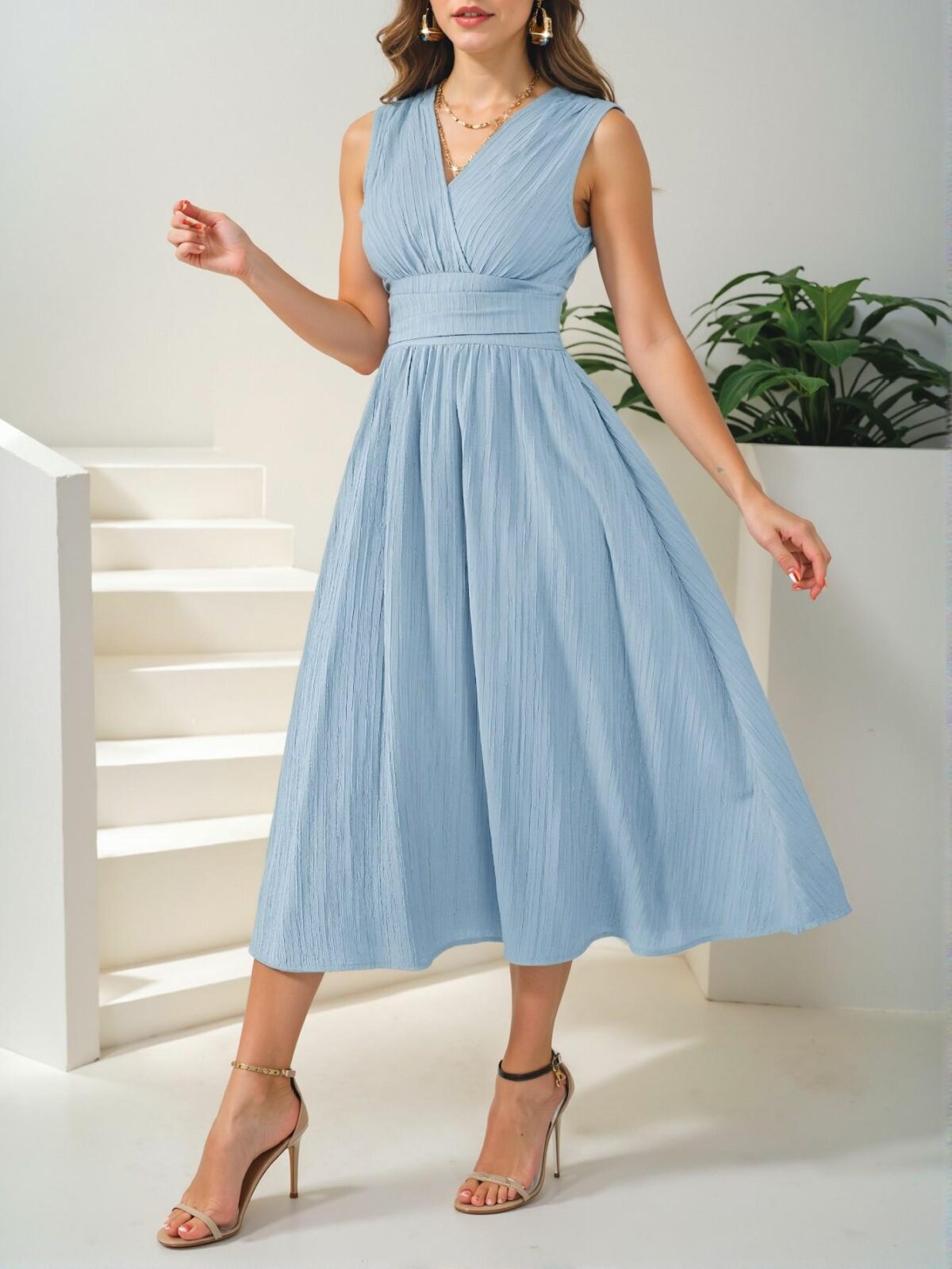 Elegant Blue Flared A-Line Midi Summer Dress with Ruched and Wrap Details for Effortless Style - Chic, Classy, and Trendy Fashion to Dress to Impress - Image 5