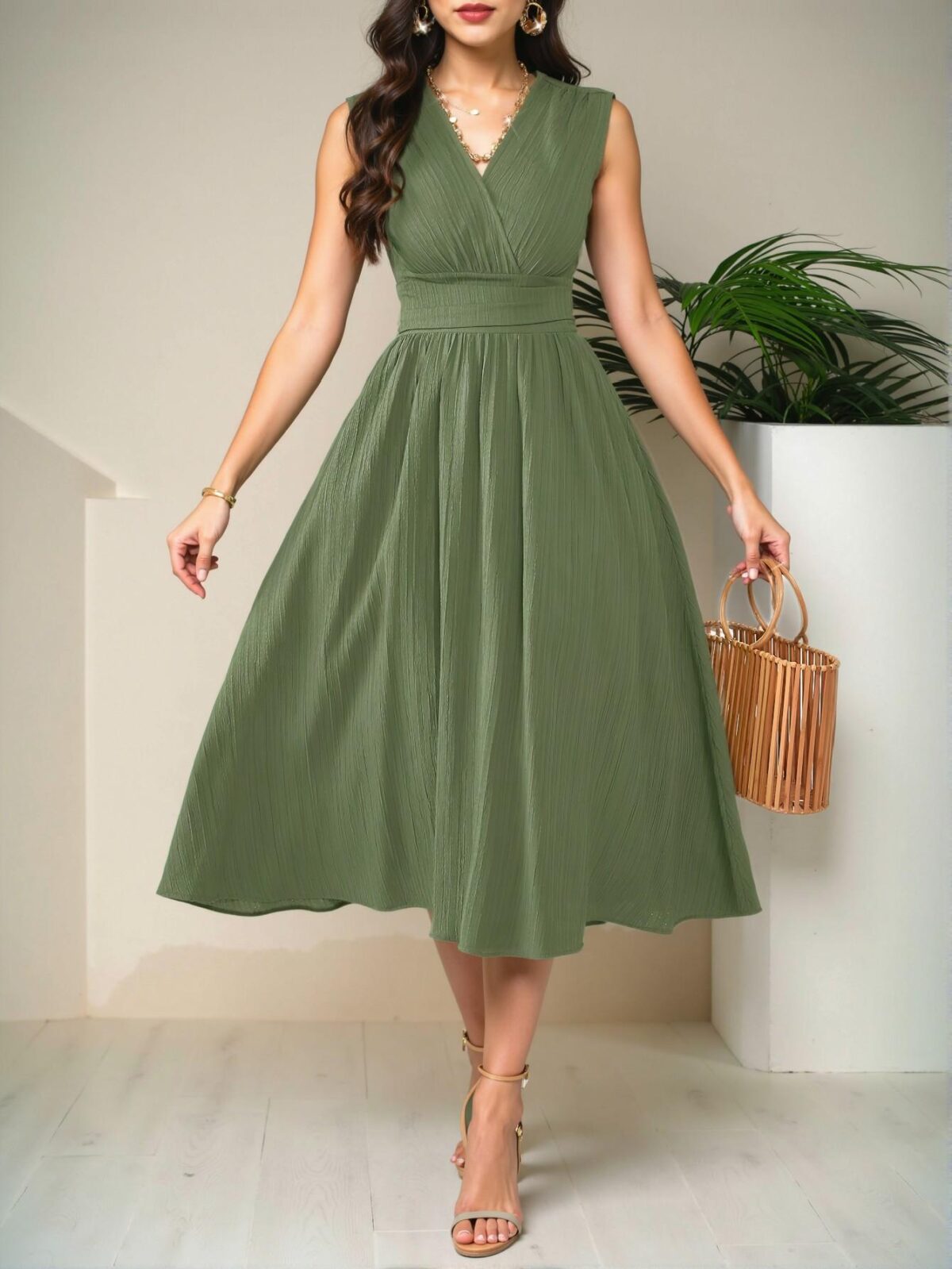 Elegant Army Green Flared Midi Dress with Sleeveless Design, Perfect for Spring and Summer Celebrations, Chic, Classy and Trendy Fashion Style to Dress to Impress