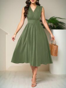 Elegant Army Green Flared Midi Dress with Sleeveless Design, Perfect for Spring and Summer Celebrations, Chic, Classy and Trendy Fashion Style to Dress to Impress