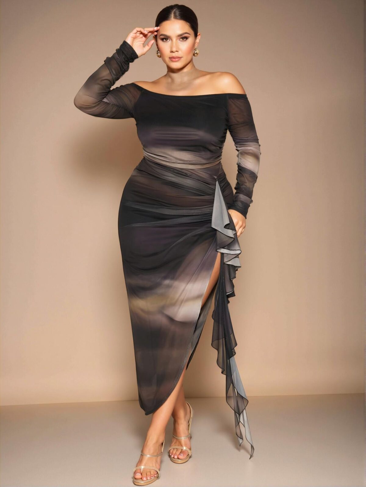Elegant Multicolor Off Shoulder Ruffled Maxi Bodycon Party Dress with Gradient Mesh Print and High Slit for Fall and Winter Fashion "Chic, Classy and Trendy Fashion Style to Dress to Impress" - Image 5