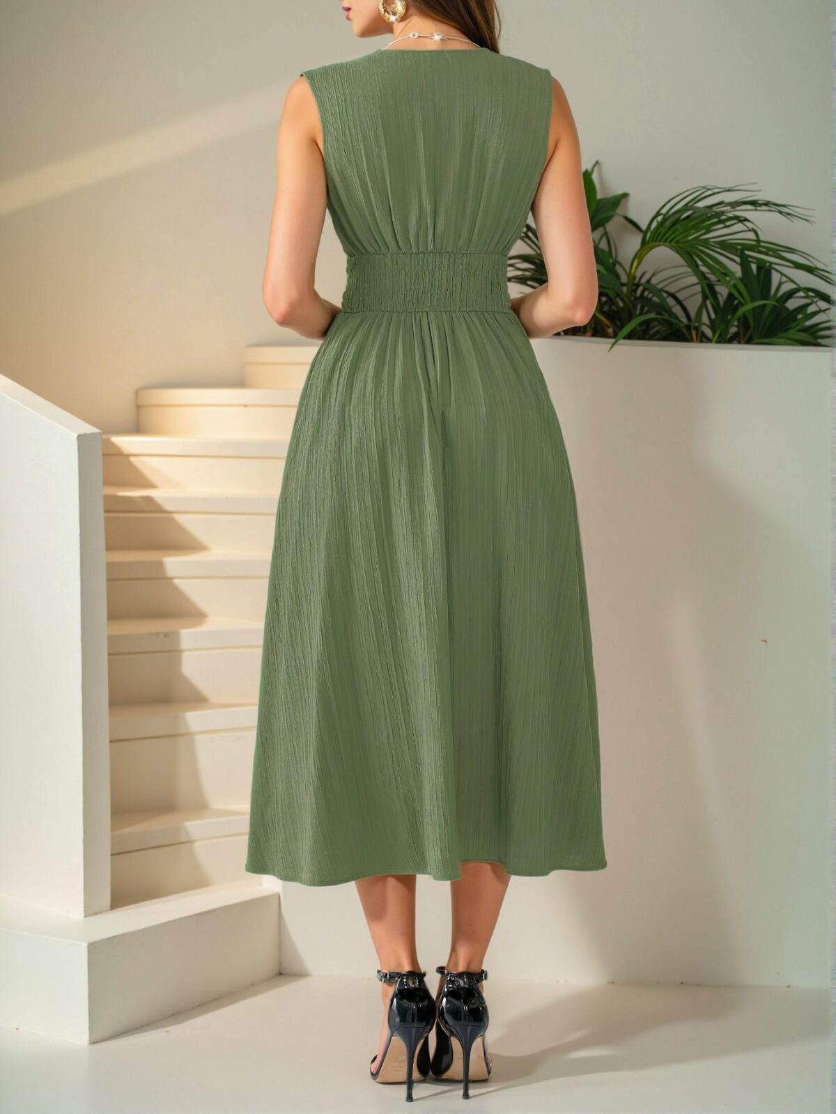 Elegant Army Green Flared Midi Dress with Sleeveless Design, Perfect for Spring and Summer Celebrations, Chic, Classy and Trendy Fashion Style to Dress to Impress - Image 2