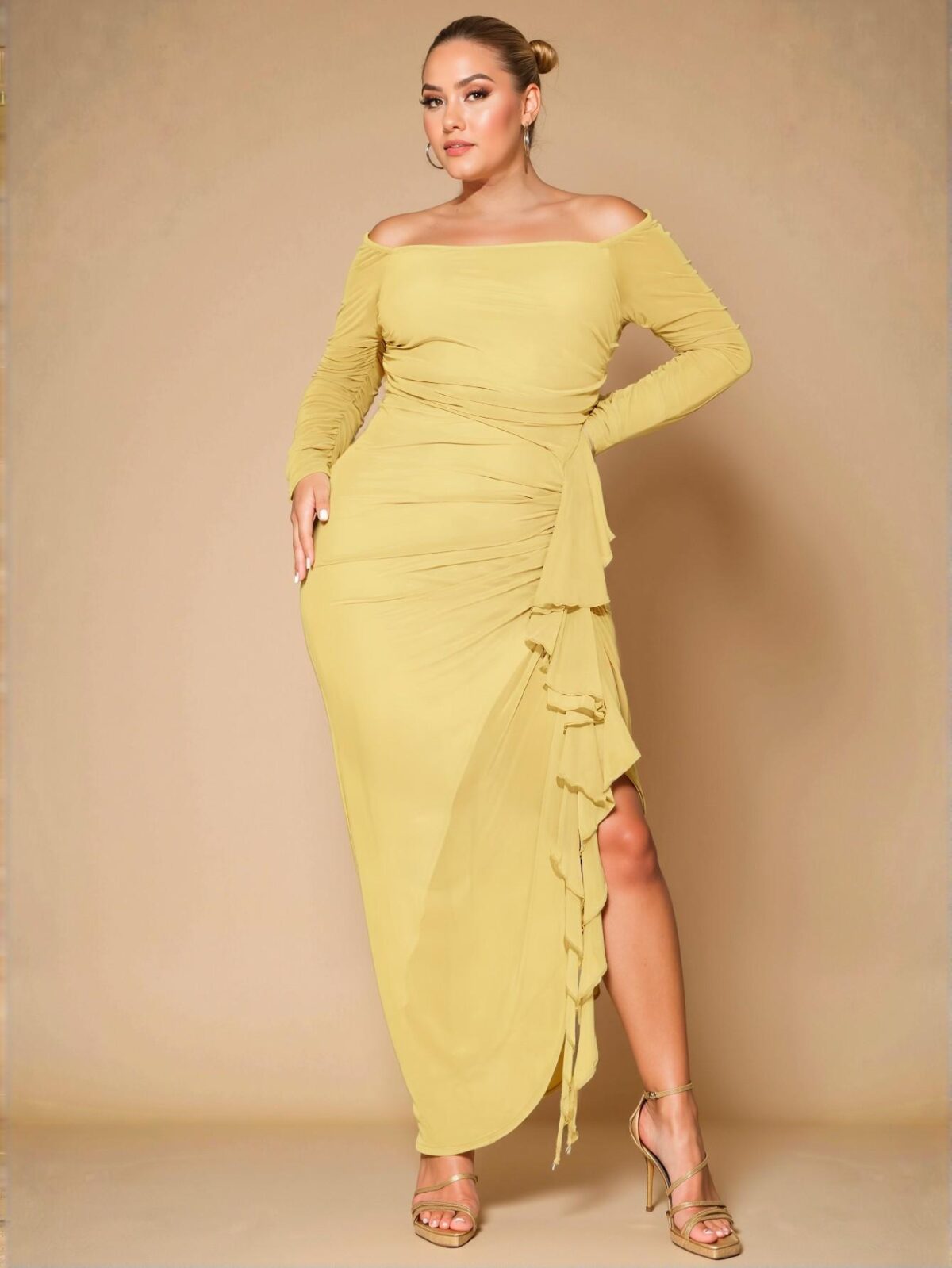 Elegant Yellow Off Shoulder Ruched Ruffles Hem Flowy Dress for Parties and Vacations - Chic, Classy and Trendy Fashion Style to Dress to Impress
