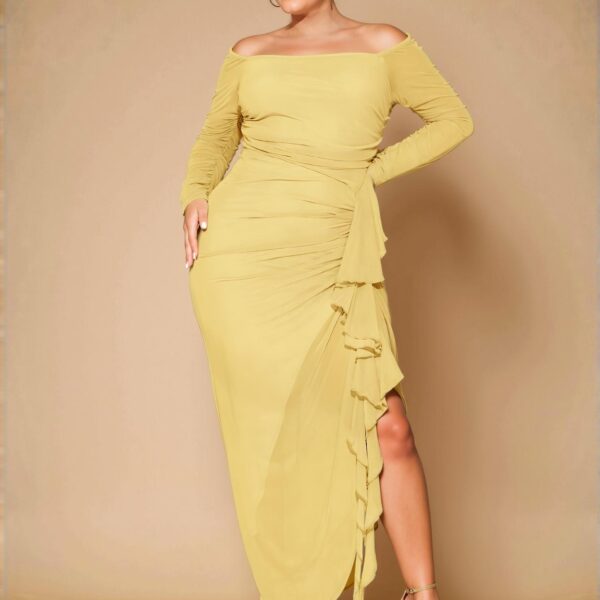 Elegant Yellow Off Shoulder Ruched Ruffles Hem Flowy Dress for Parties and Vacations - Chic, Classy and Trendy Fashion Style to Dress to Impress
