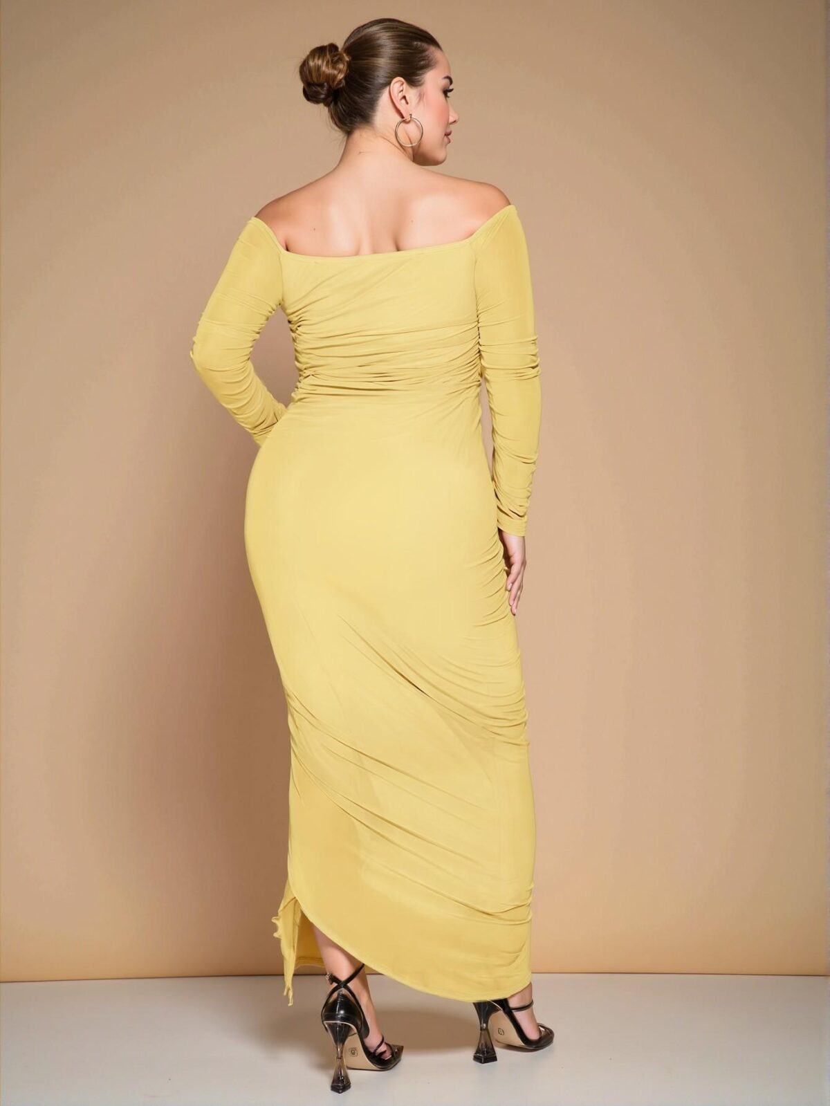 Elegant Yellow Off Shoulder Ruched Ruffles Hem Flowy Dress for Parties and Vacations - Chic, Classy and Trendy Fashion Style to Dress to Impress - Image 2