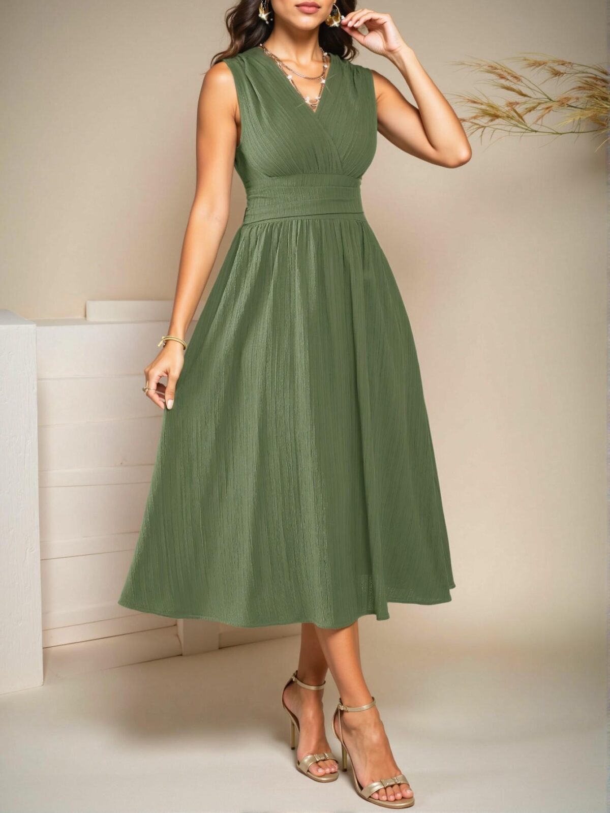Elegant Army Green Flared Midi Dress with Sleeveless Design, Perfect for Spring and Summer Celebrations, Chic, Classy and Trendy Fashion Style to Dress to Impress - Image 4