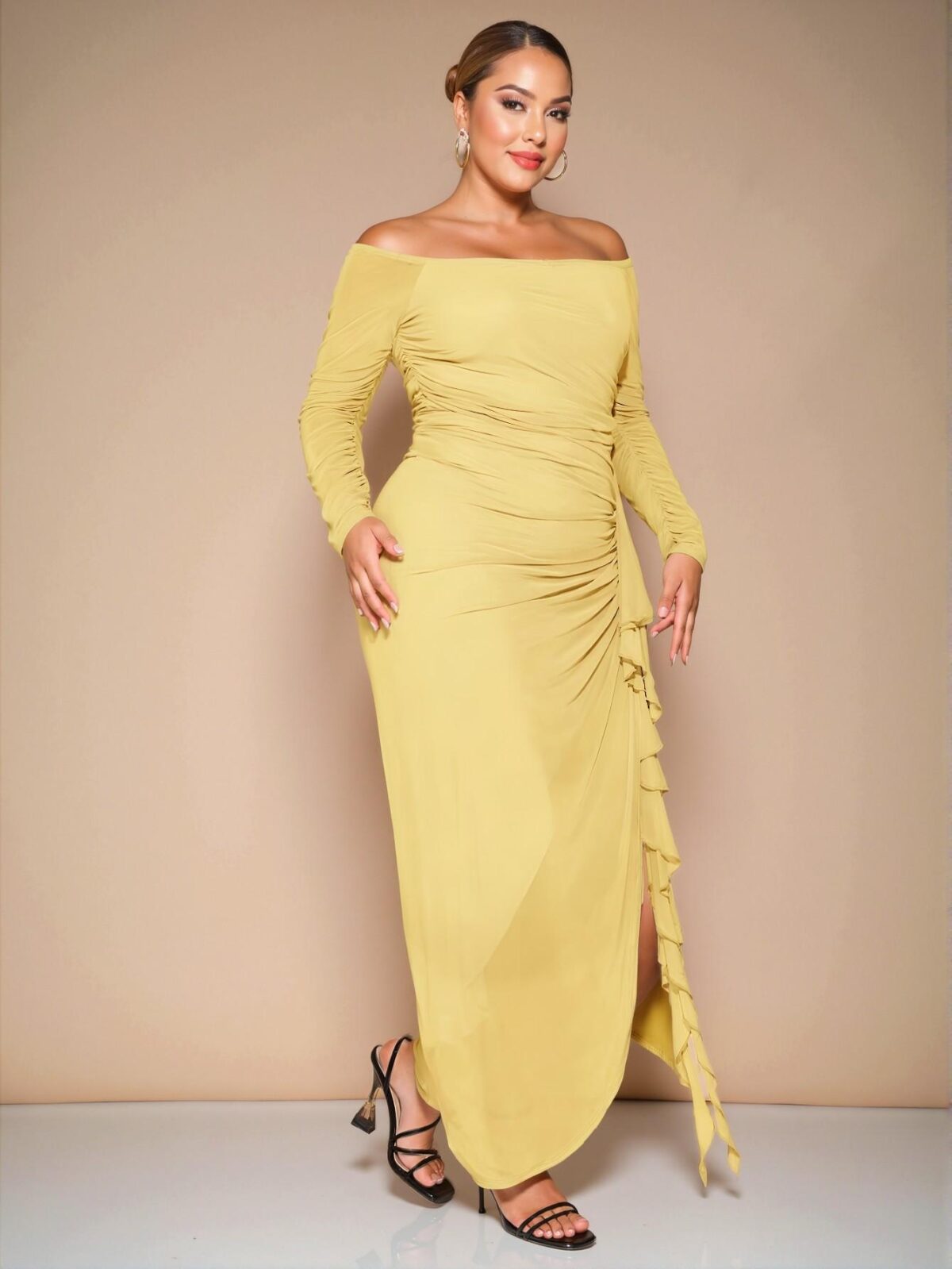 Elegant Yellow Off Shoulder Ruched Ruffles Hem Flowy Dress for Parties and Vacations - Chic, Classy and Trendy Fashion Style to Dress to Impress - Image 3