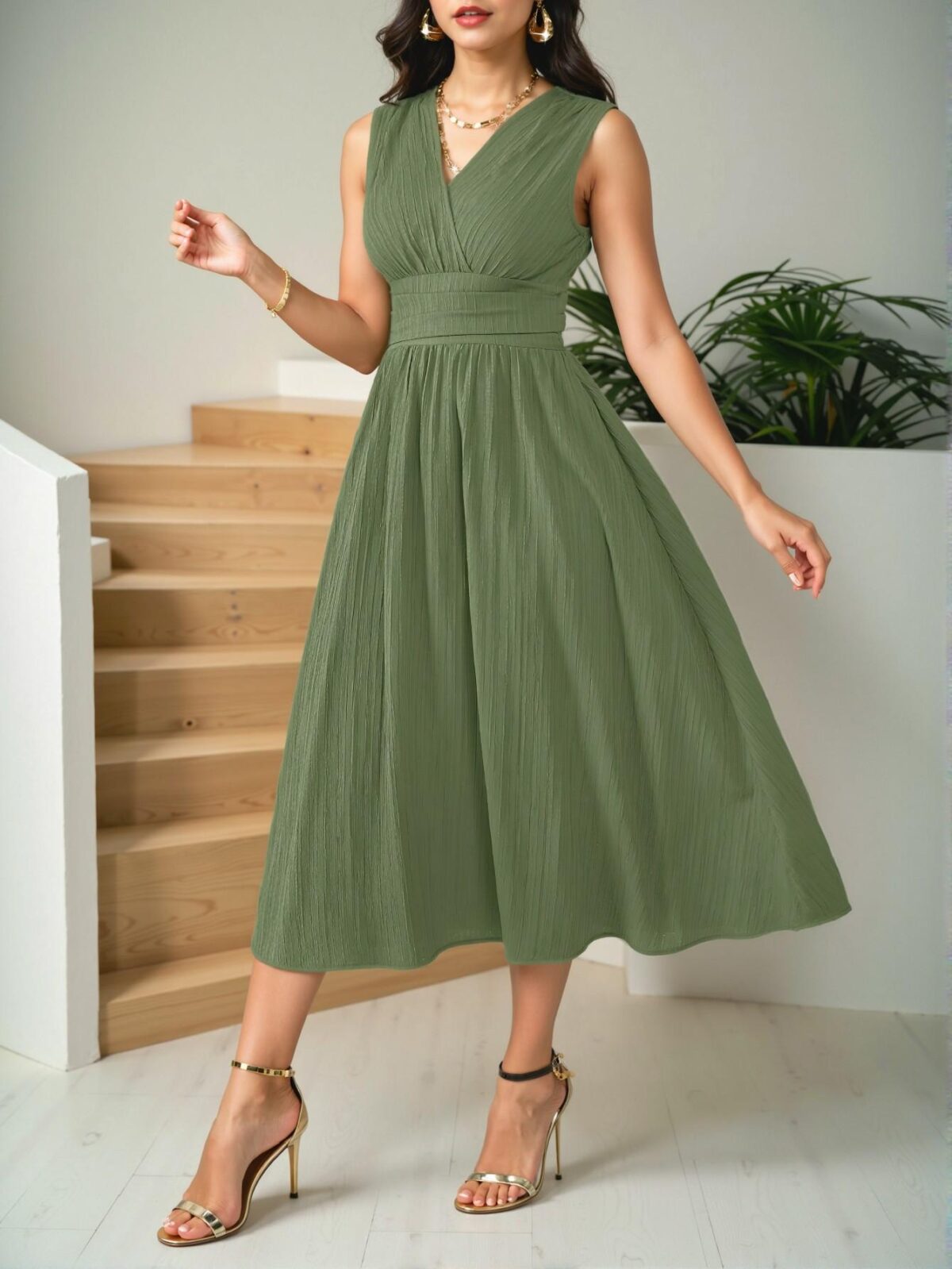 Elegant Army Green Flared Midi Dress with Sleeveless Design, Perfect for Spring and Summer Celebrations, Chic, Classy and Trendy Fashion Style to Dress to Impress - Image 5