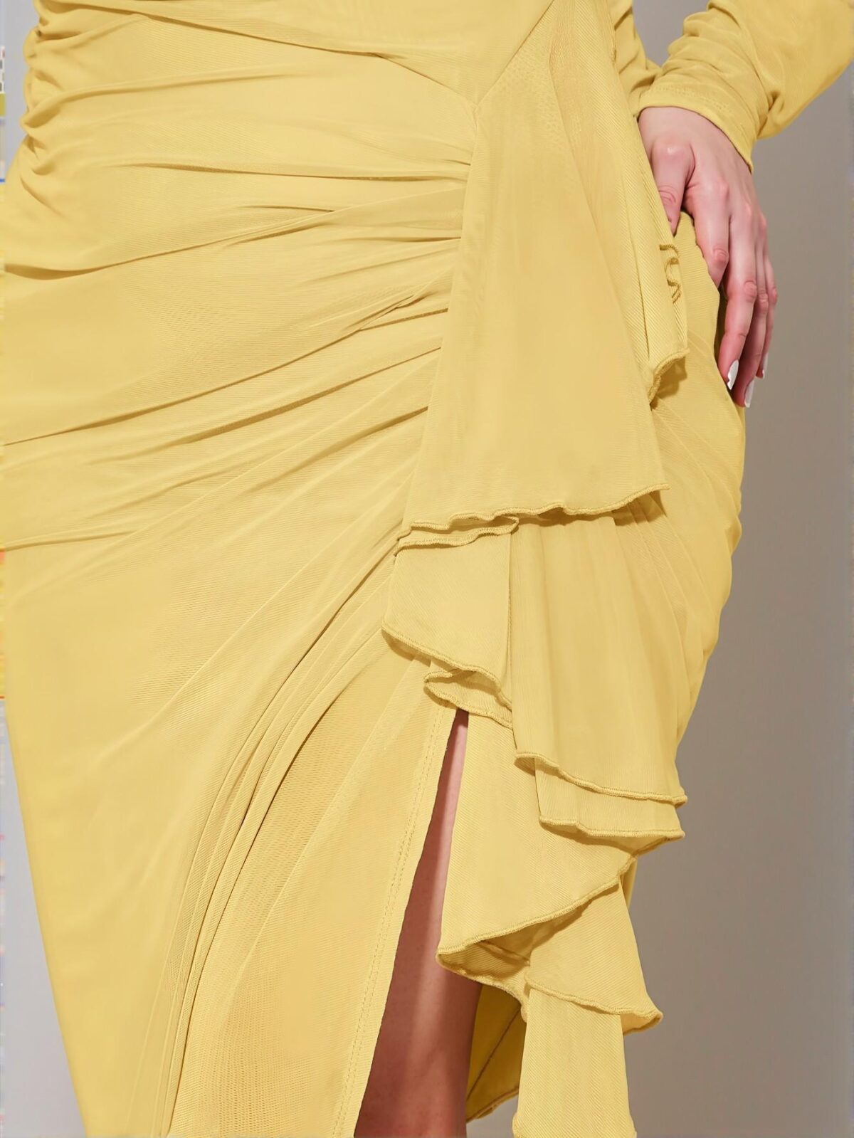 Elegant Yellow Off Shoulder Ruched Ruffles Hem Flowy Dress for Parties and Vacations - Chic, Classy and Trendy Fashion Style to Dress to Impress - Image 5