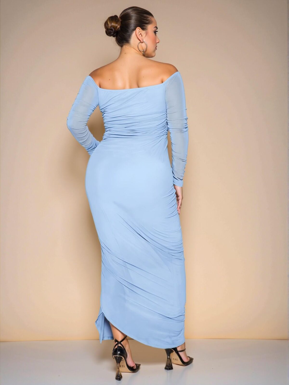 Elegant Baby Blue Off-Shoulder Ruffled Maxi Dress with Shirred Detail for Parties - Chic, Classy and Trendy Fashion Style to Dress to Impress - Image 2