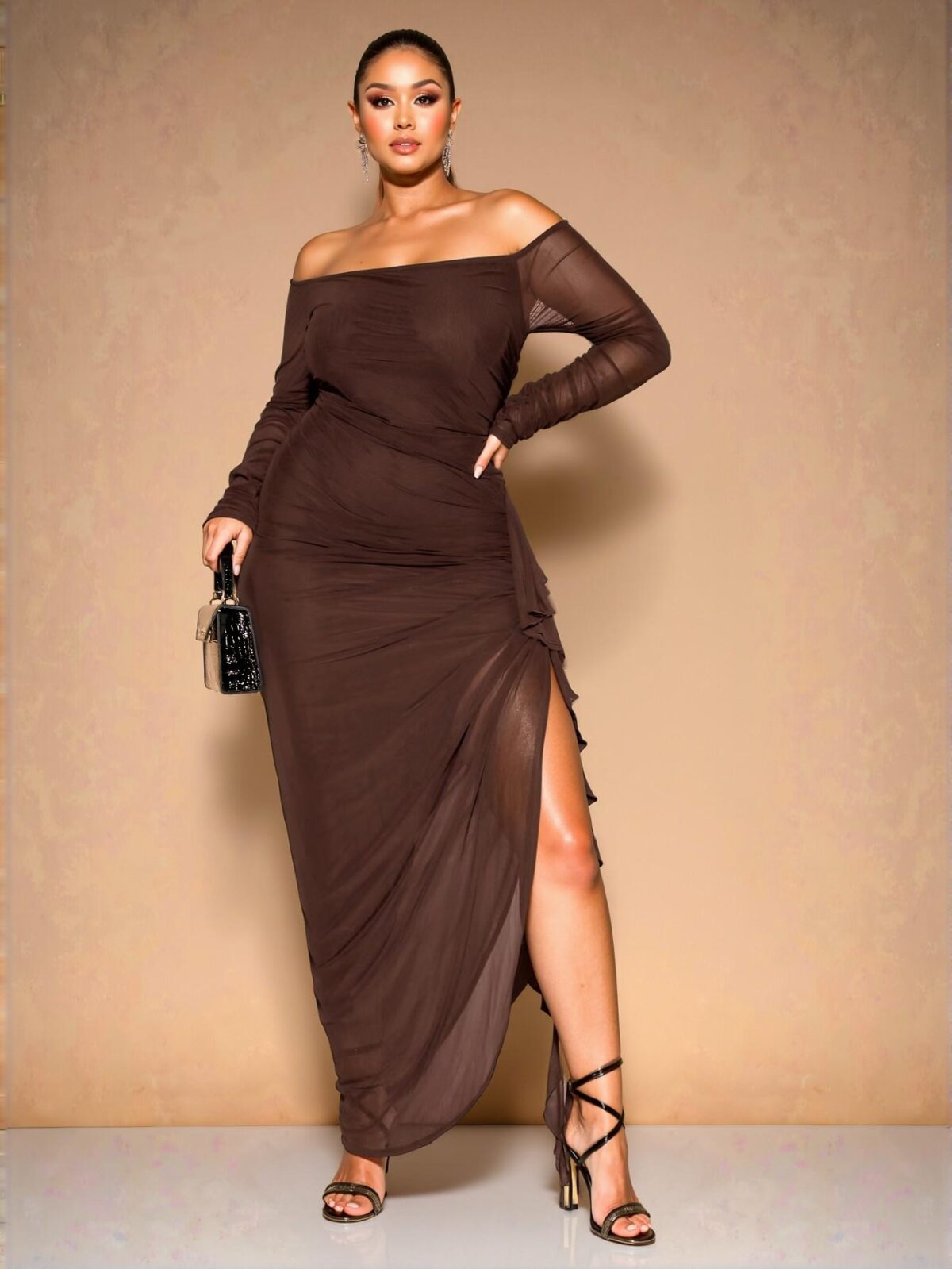 Elegant Coffee Brown Off-Shoulder Ruched Ruffle Hem Long Bodycon Dress Perfect for Romantic Parties Chic, Classy and Trendy Fashion Style to Dress to Impress