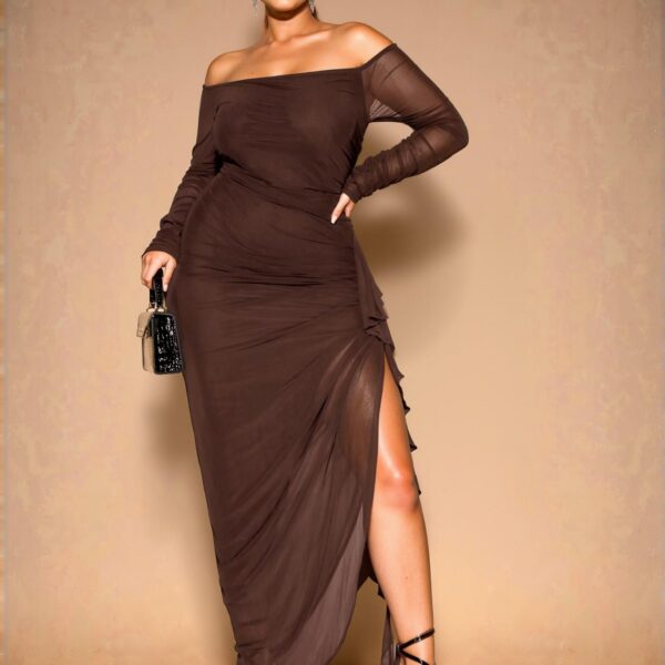 Elegant Coffee Brown Off-Shoulder Ruched Ruffle Hem Long Bodycon Dress Perfect for Romantic Parties Chic, Classy and Trendy Fashion Style to Dress to Impress