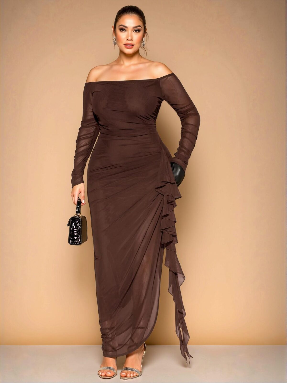 Elegant Coffee Brown Off-Shoulder Ruched Ruffle Hem Long Bodycon Dress Perfect for Romantic Parties Chic, Classy and Trendy Fashion Style to Dress to Impress - Image 3