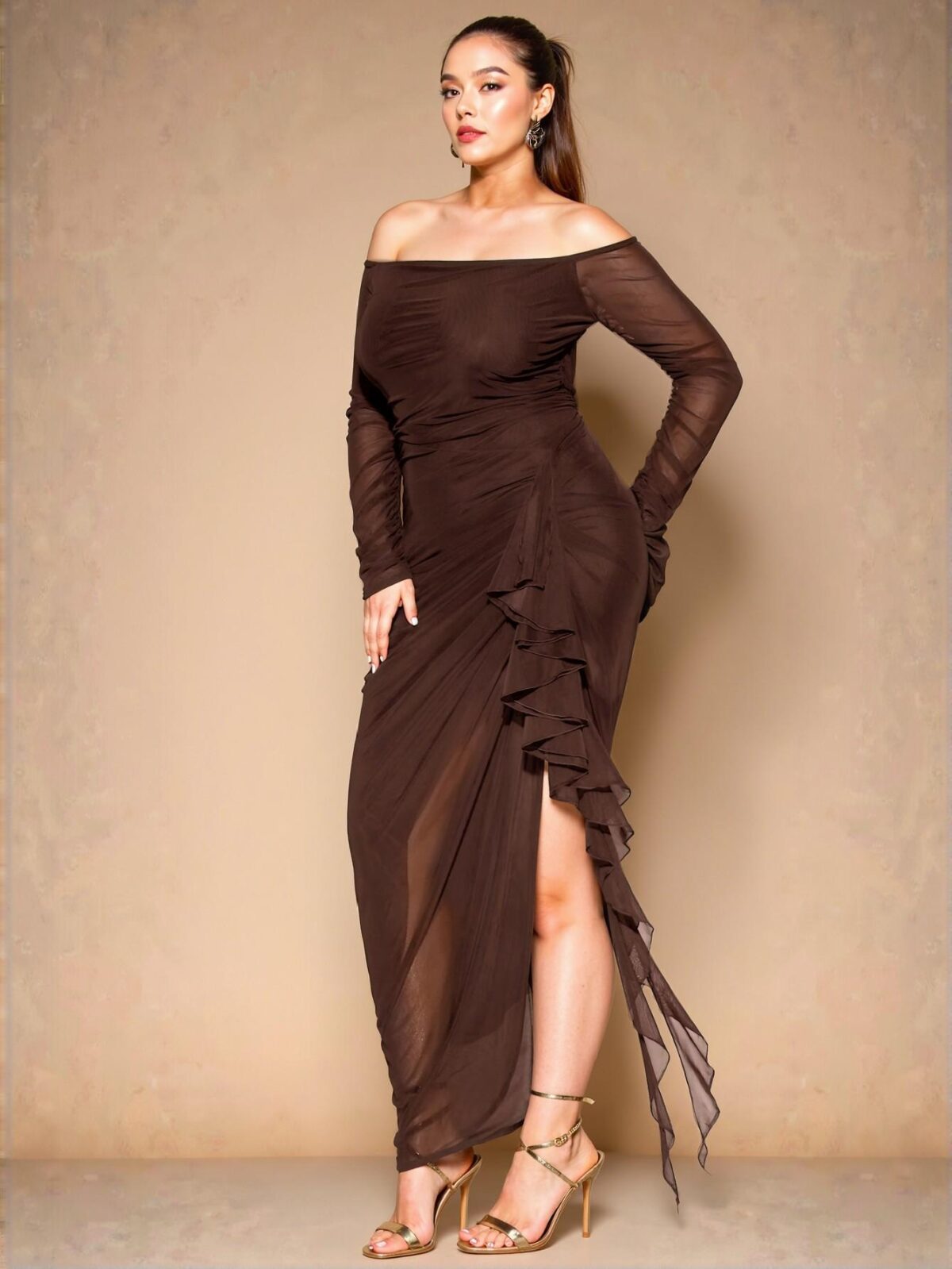 Elegant Coffee Brown Off-Shoulder Ruched Ruffle Hem Long Bodycon Dress Perfect for Romantic Parties Chic, Classy and Trendy Fashion Style to Dress to Impress - Image 5