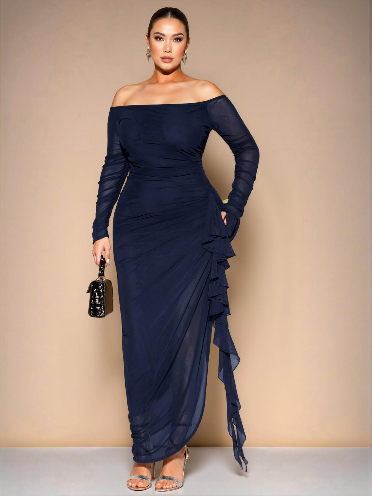Elegant Navy Blue Off-Shoulder Ruched Ruffled Flowy Maxi Dress for a Romantic Party Look - Chic, Classy and Trendy Fashion Style to Dress to Impress