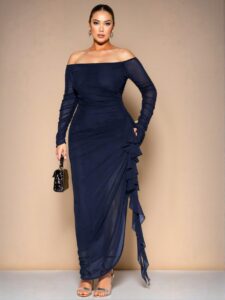 Elegant Navy Blue Off-Shoulder Ruched Ruffled Flowy Maxi Dress for a Romantic Party Look - Chic, Classy and Trendy Fashion Style to Dress to Impress